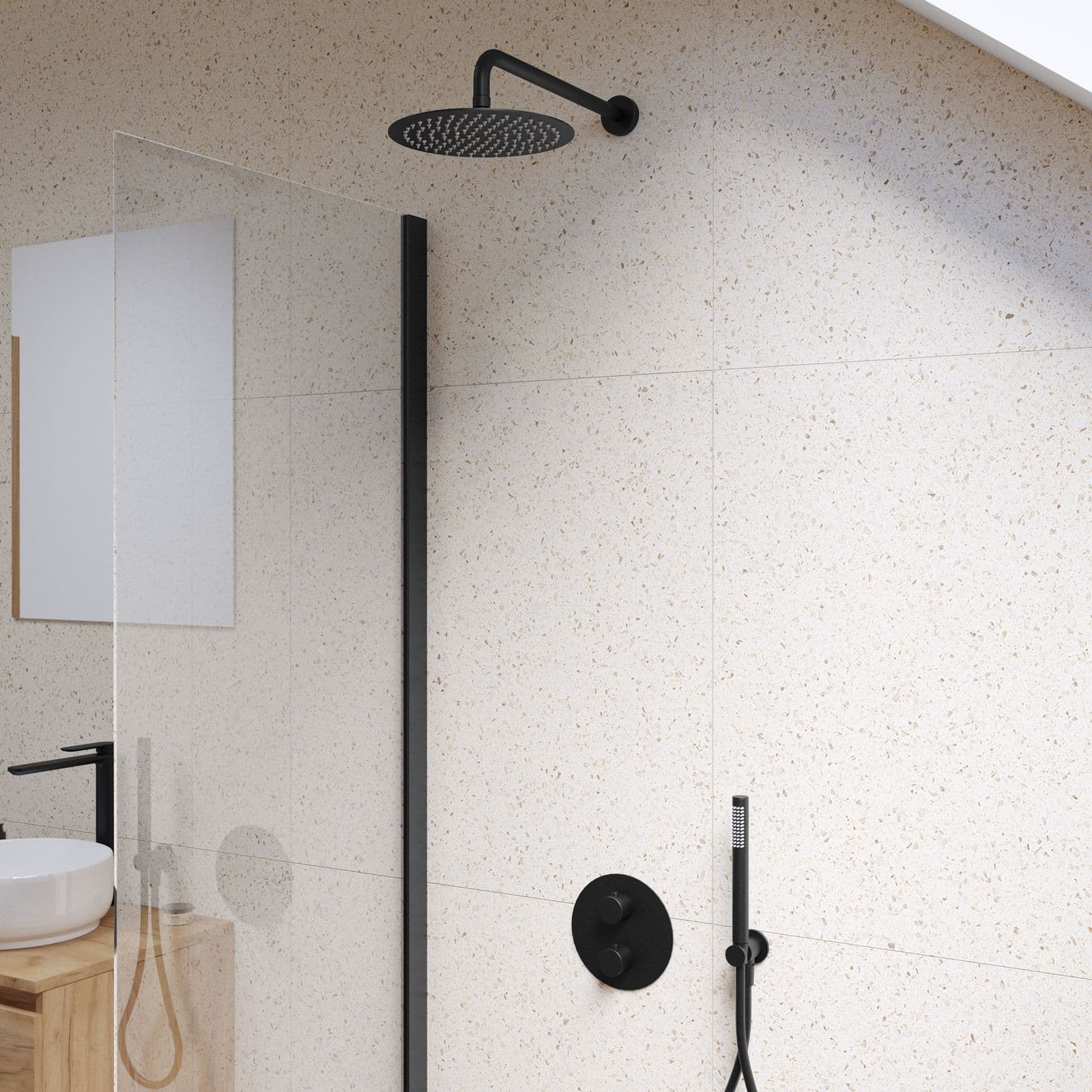 Set lavabo alto e bidet con incasso doccia termostatico in ottone nero opaco - Nocta