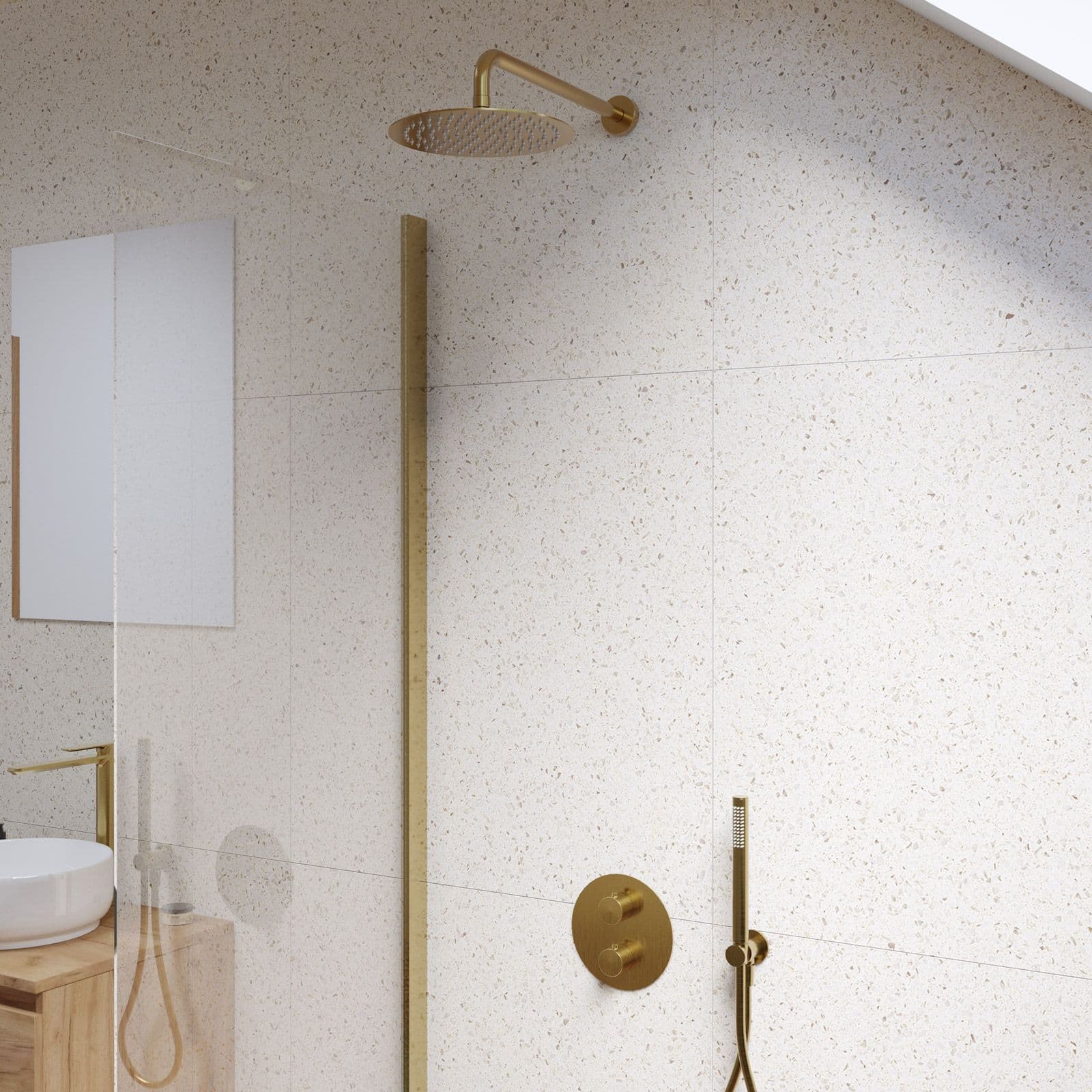 Set lavabo alto e bidet con incasso doccia termostatico in ottone oro spazzolato - Nocta