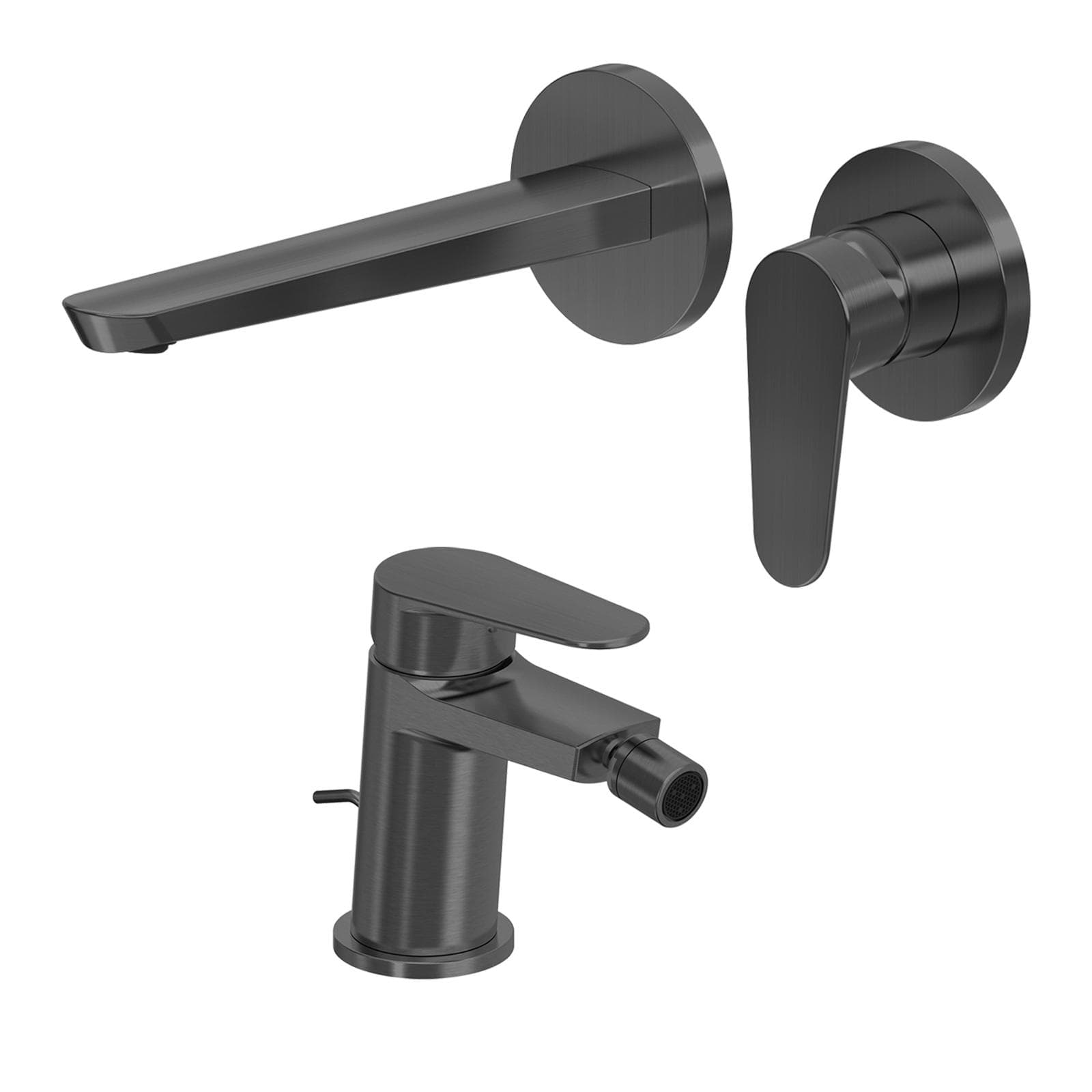 Set miscelatore lavabo a muro canna 20 cm e bidet con scarico nero spazzolato – Lir