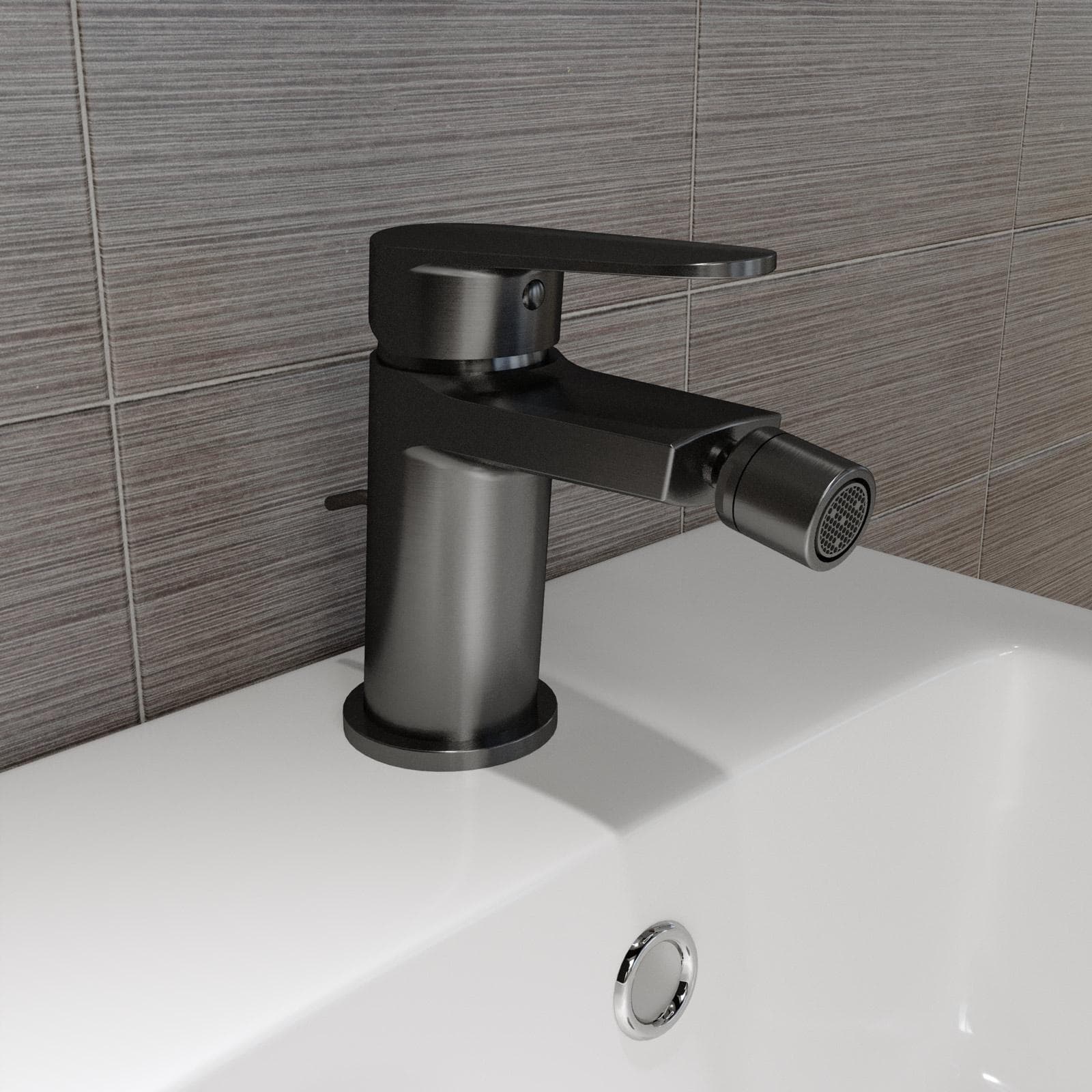 Set miscelatore lavabo a muro canna 20 cm e bidet con scarico nero spazzolato – Lir