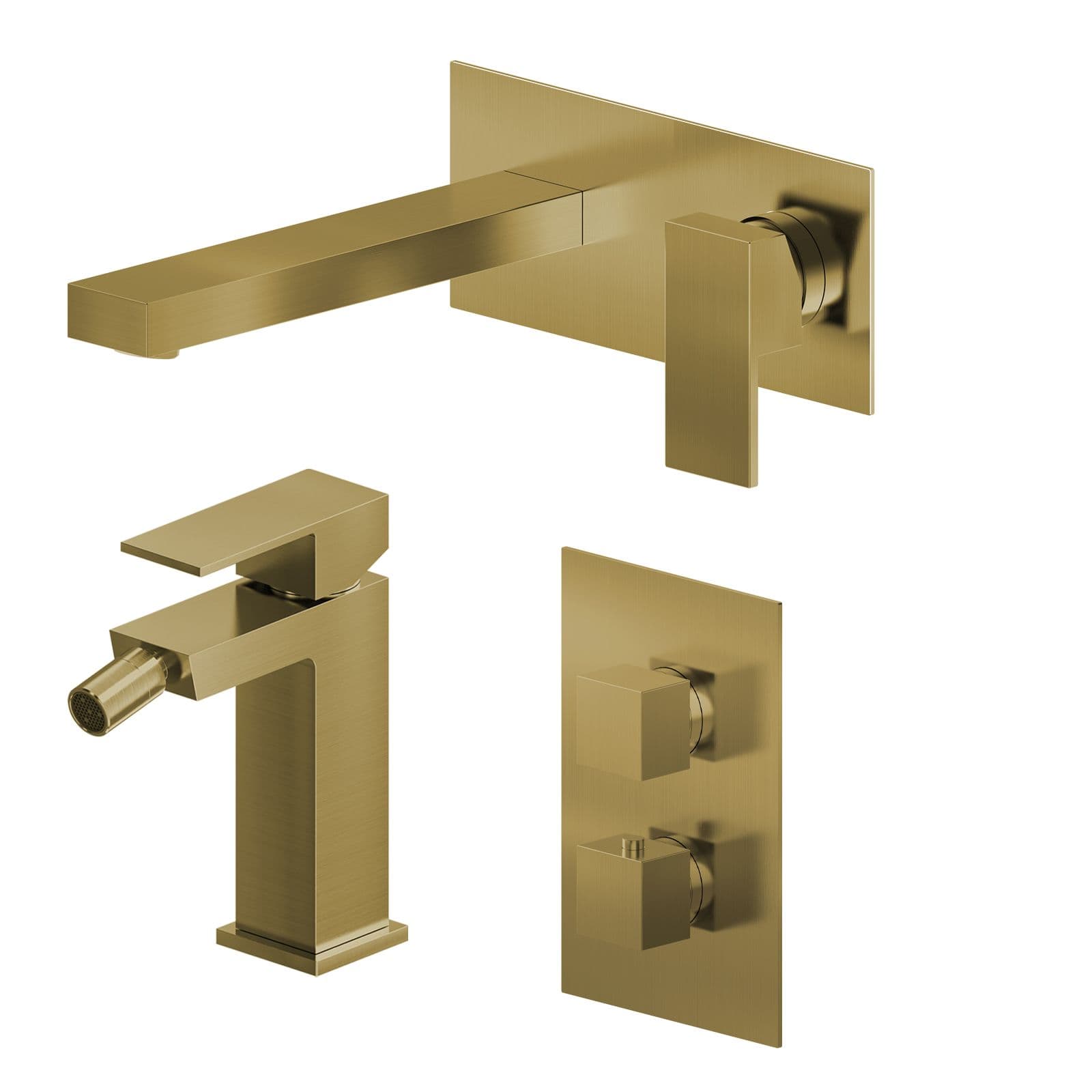 Set miscelatore lavabo a muro 20 con piastra e bidet con incasso doccia termostatico con deviatore oro spazzolato – Kyria