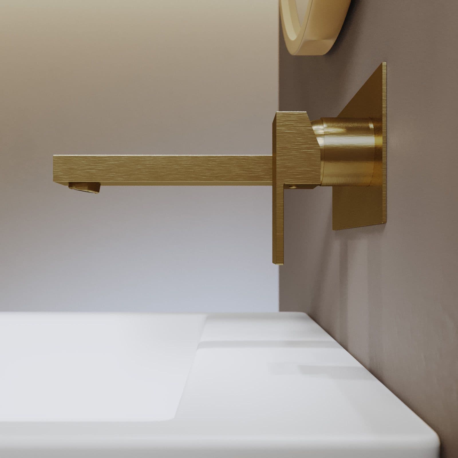 Set miscelatore lavabo a muro 20 con piastra e bidet con incasso doccia termostatico con deviatore oro spazzolato – Kyria