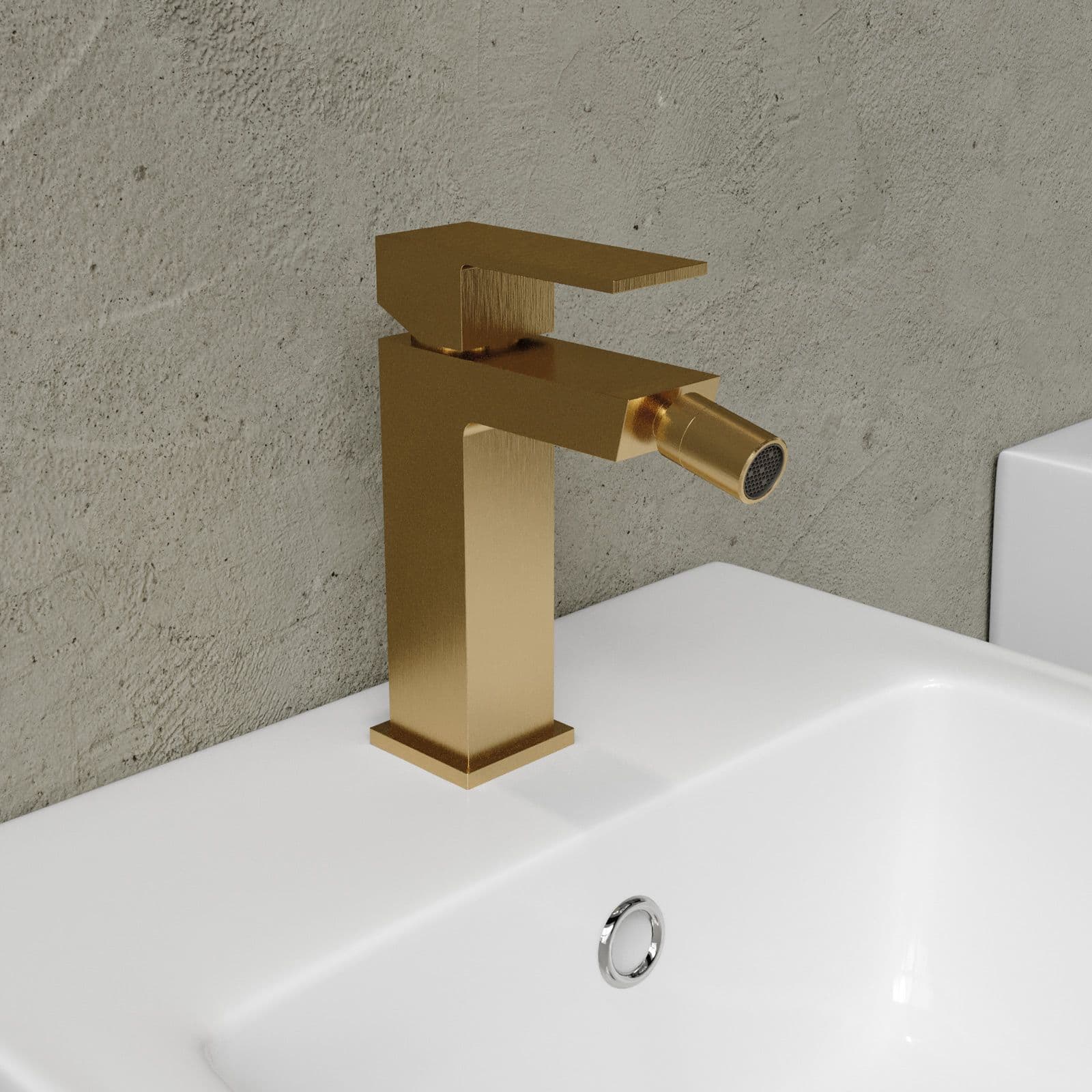 Set miscelatore lavabo a muro 20 con piastra e bidet con incasso doccia termostatico con deviatore oro spazzolato – Kyria