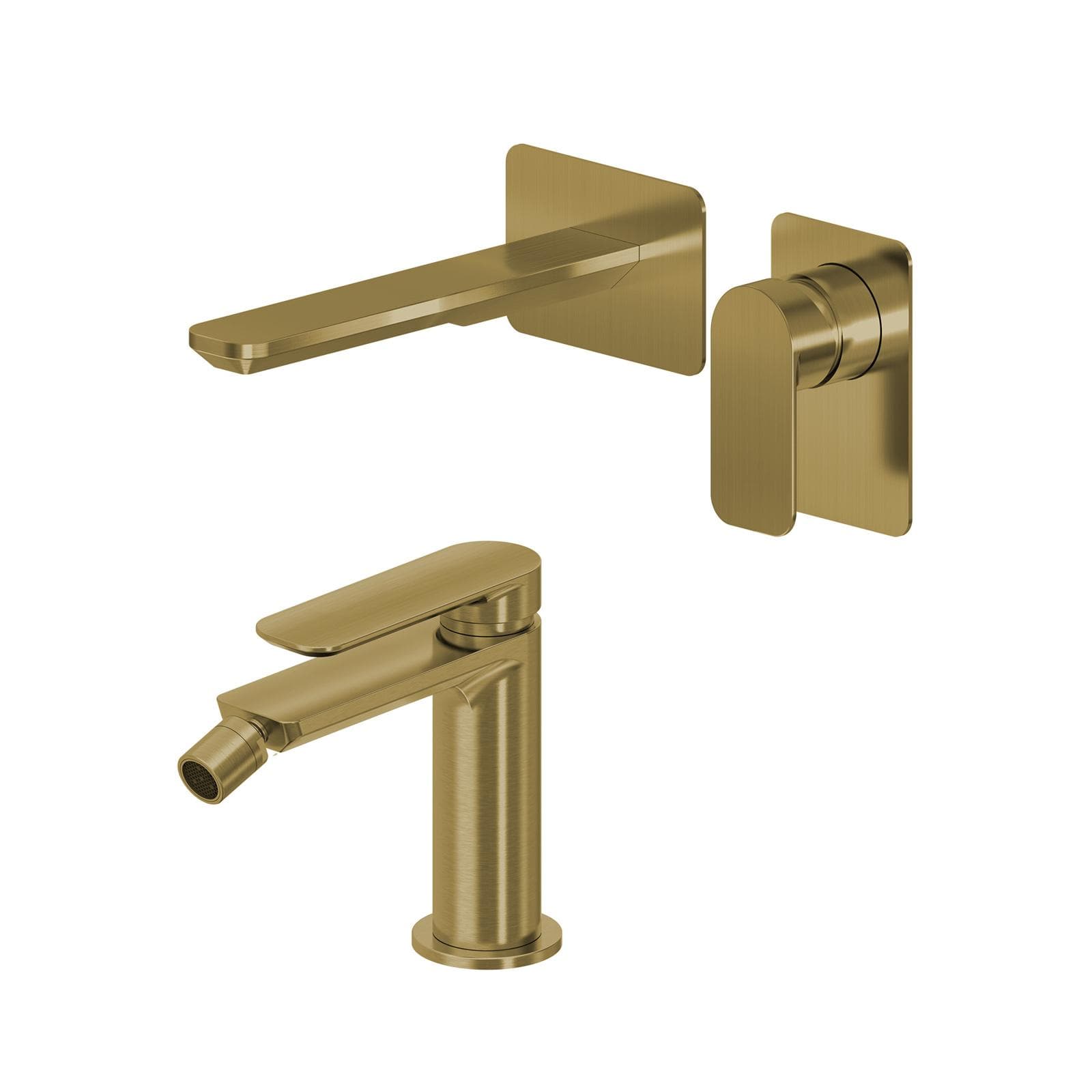Set miscelatore lavabo a muro canna 20 e bidet oro spazzolato – Fusion