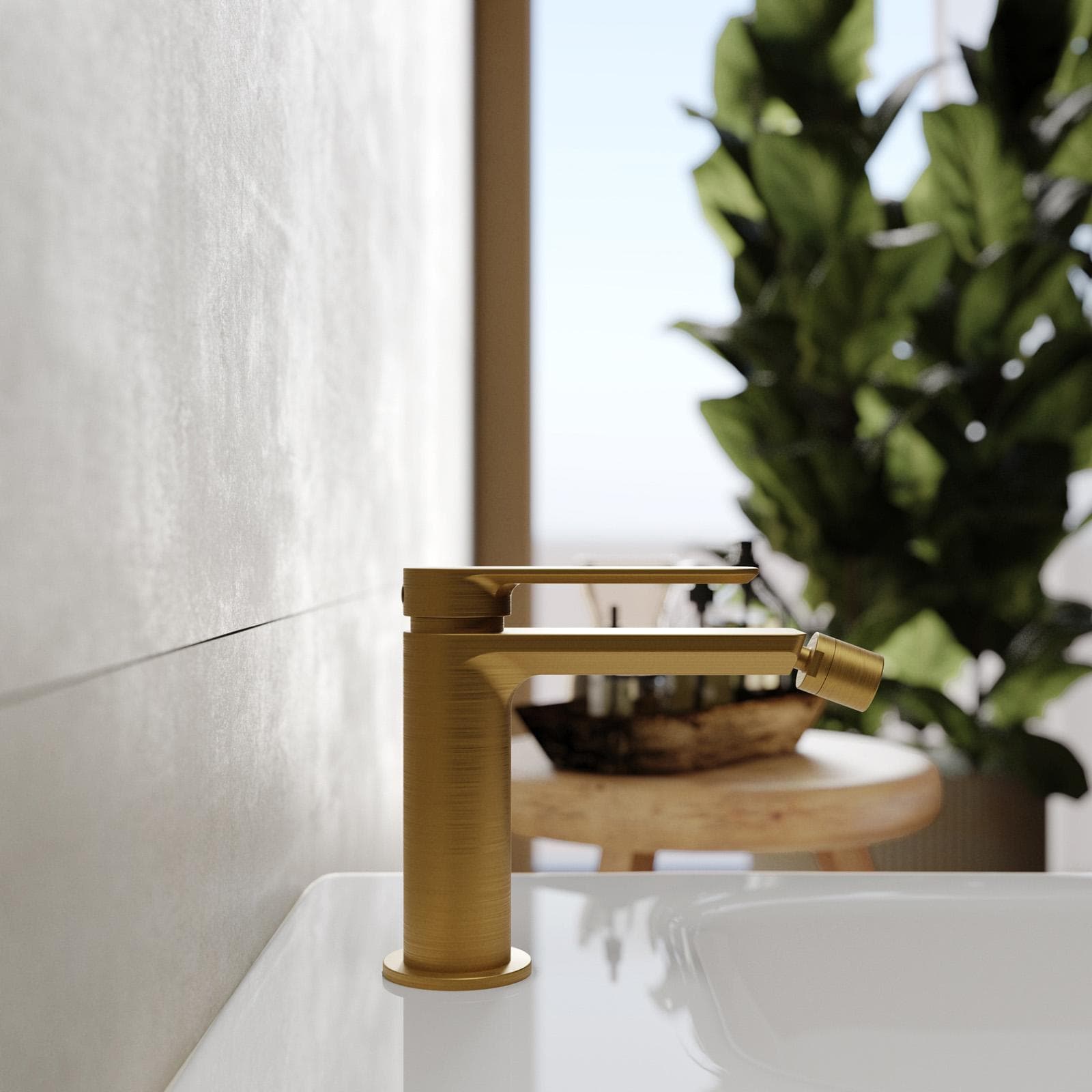 Set miscelatore lavabo a muro canna 20 e bidet oro spazzolato – Fusion