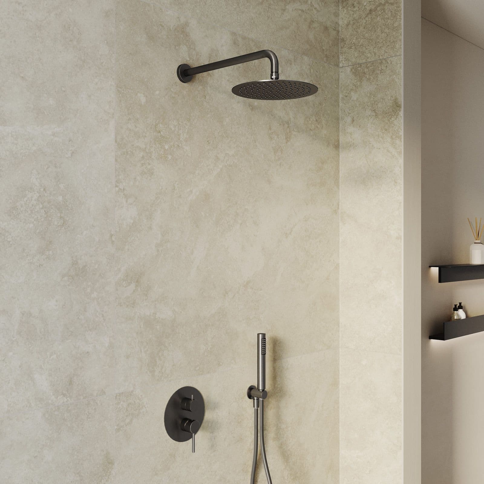 Set miscelatore lavabo alto e bidet con incasso doccia nero spazzolato – Oasis