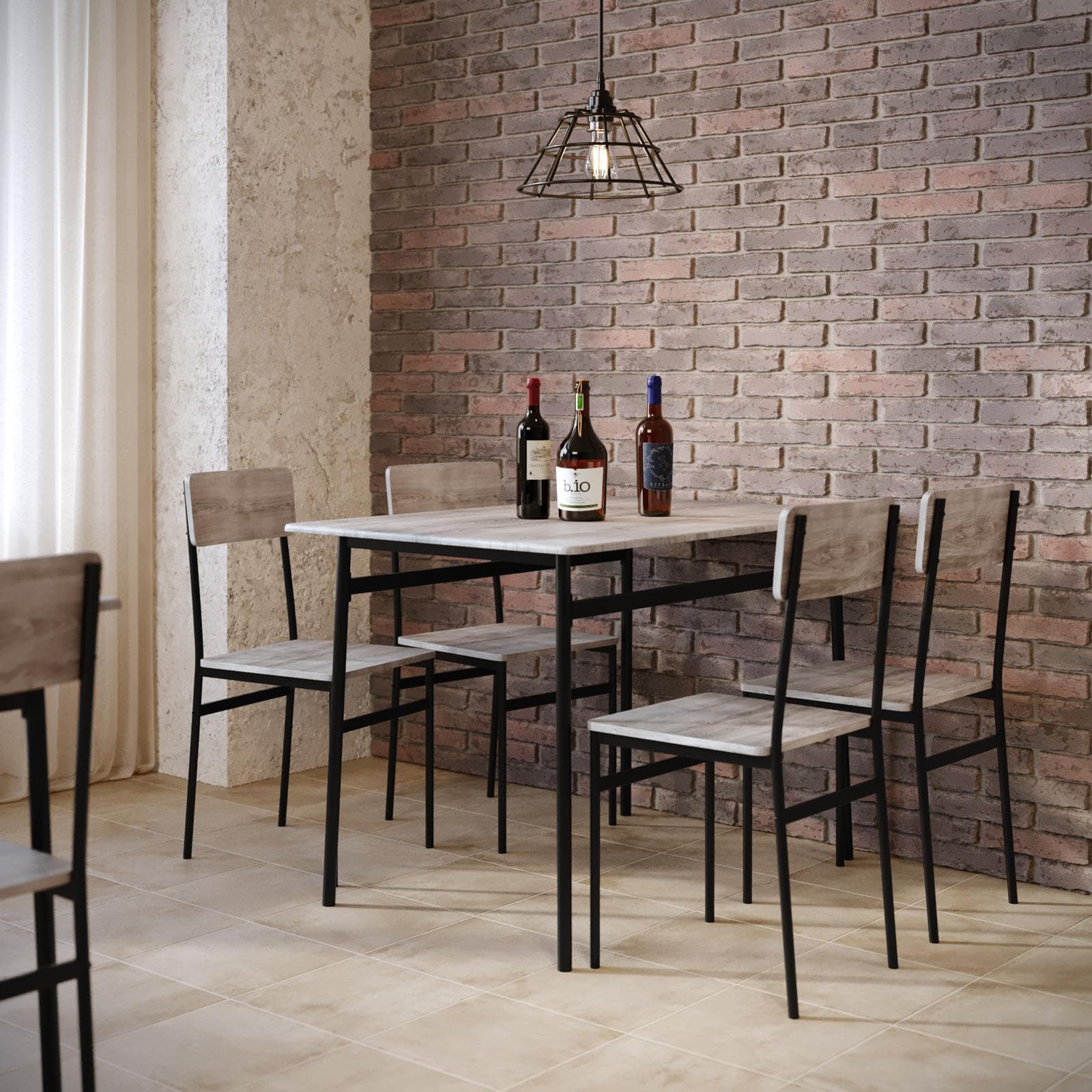 Set pranzo 110x70 cm top effetto rovere chiaro e gambe in acciaio nero con 4 sedie - Hammet
