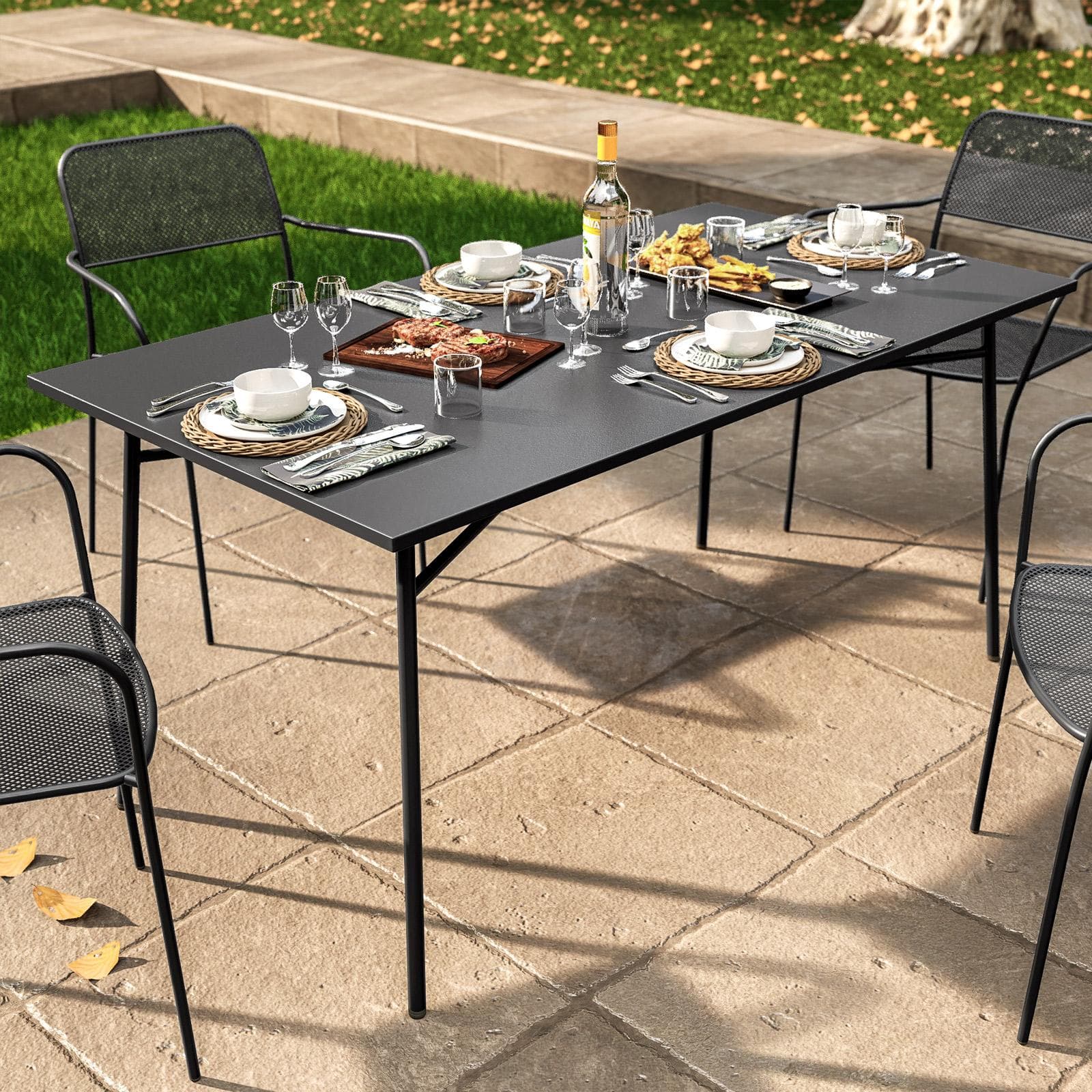 Set pranzo con tavolo 150x80 cm e 4 sedie con braccioli in acciaio nero - Faber