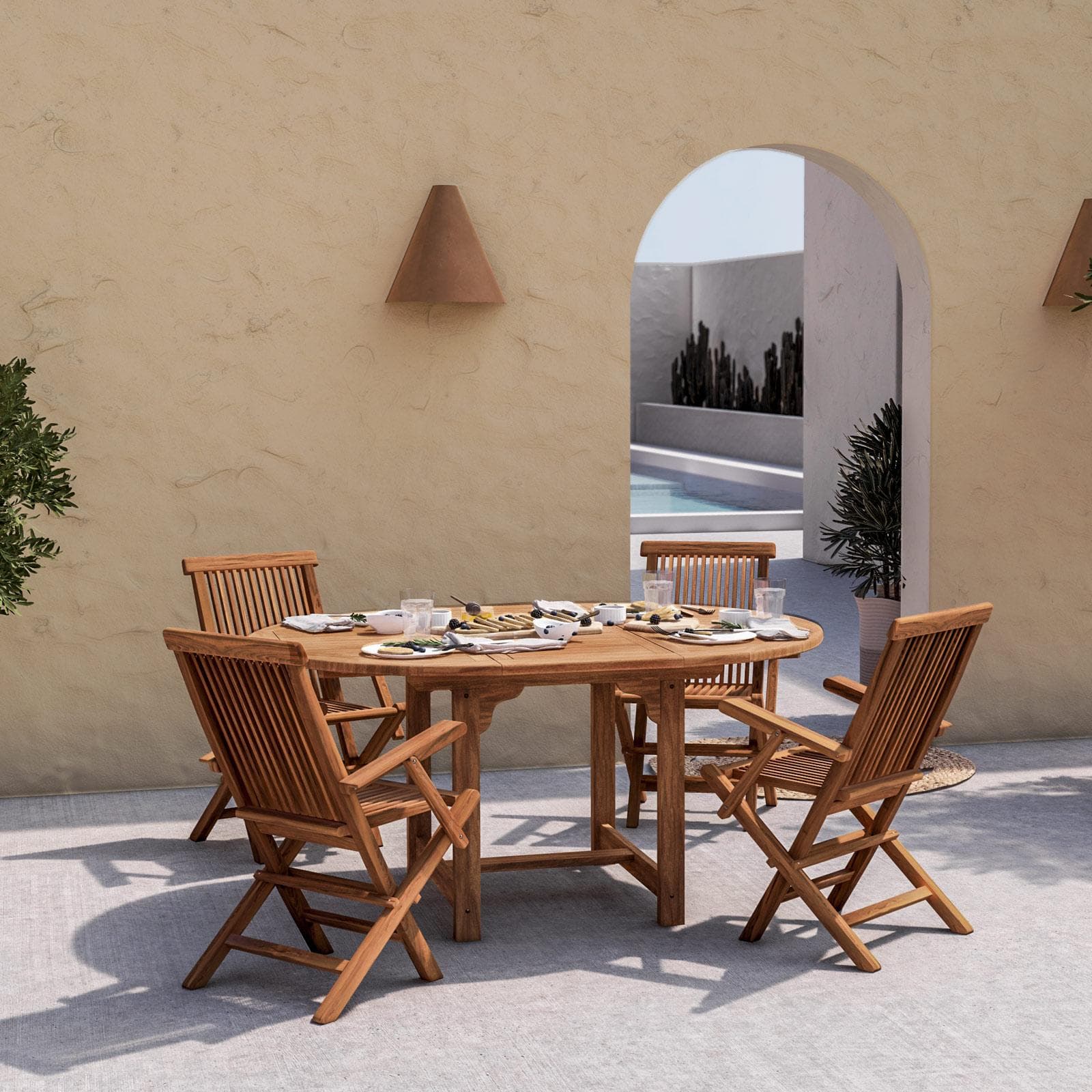 Set pranzo tavolo 120/170x120 cm e 4 sedie con braccioli in legno teak - Louis