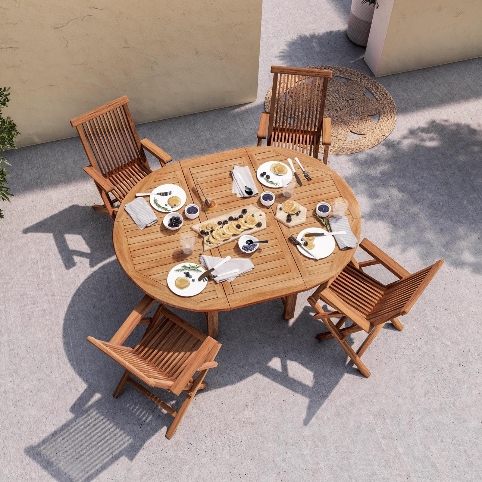 Set pranzo tavolo 120/170x120 cm e 4 sedie con braccioli in legno teak - Louis