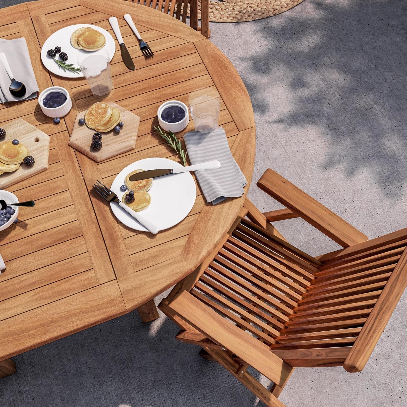 Set pranzo tavolo 120/170x120 cm e 4 sedie con braccioli in legno teak - Louis