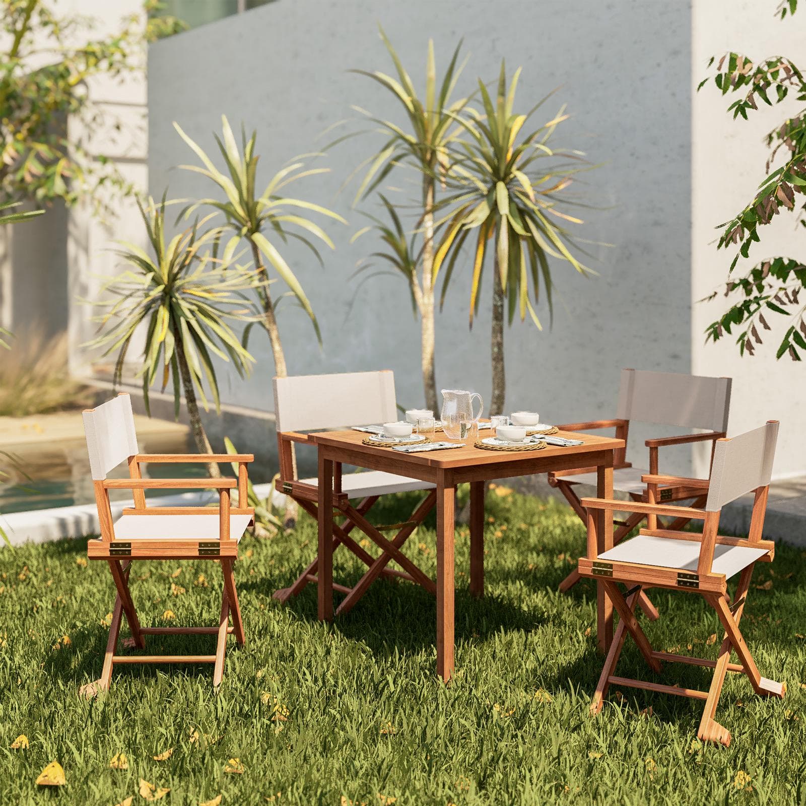 Set pranzo tavolo 80x80 cm e 4 sedie regista ecrù in legno d'acacia - Paja