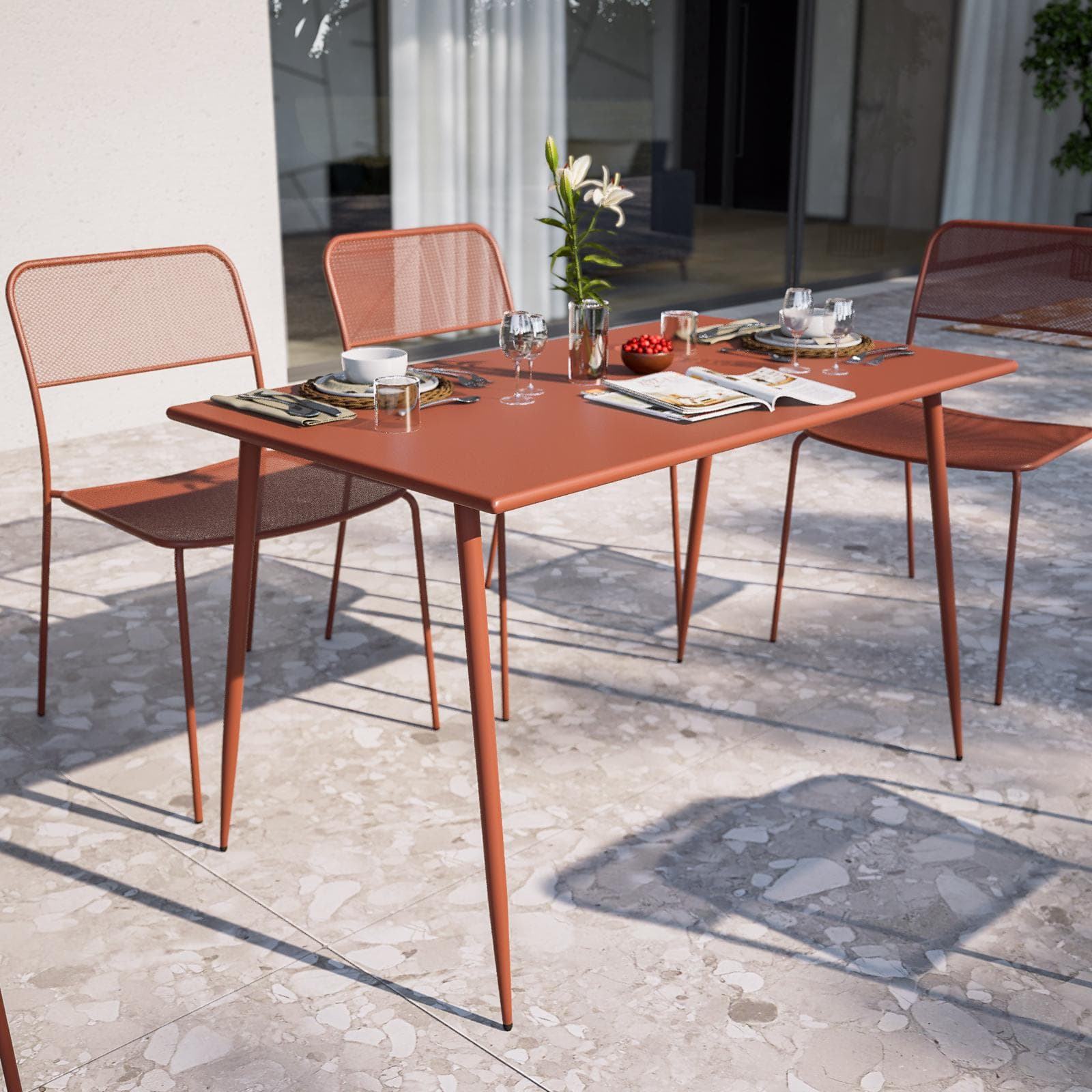 Set pranzo con tavolo 120x70 cm e 4 sedie in acciaio terracotta - Faber