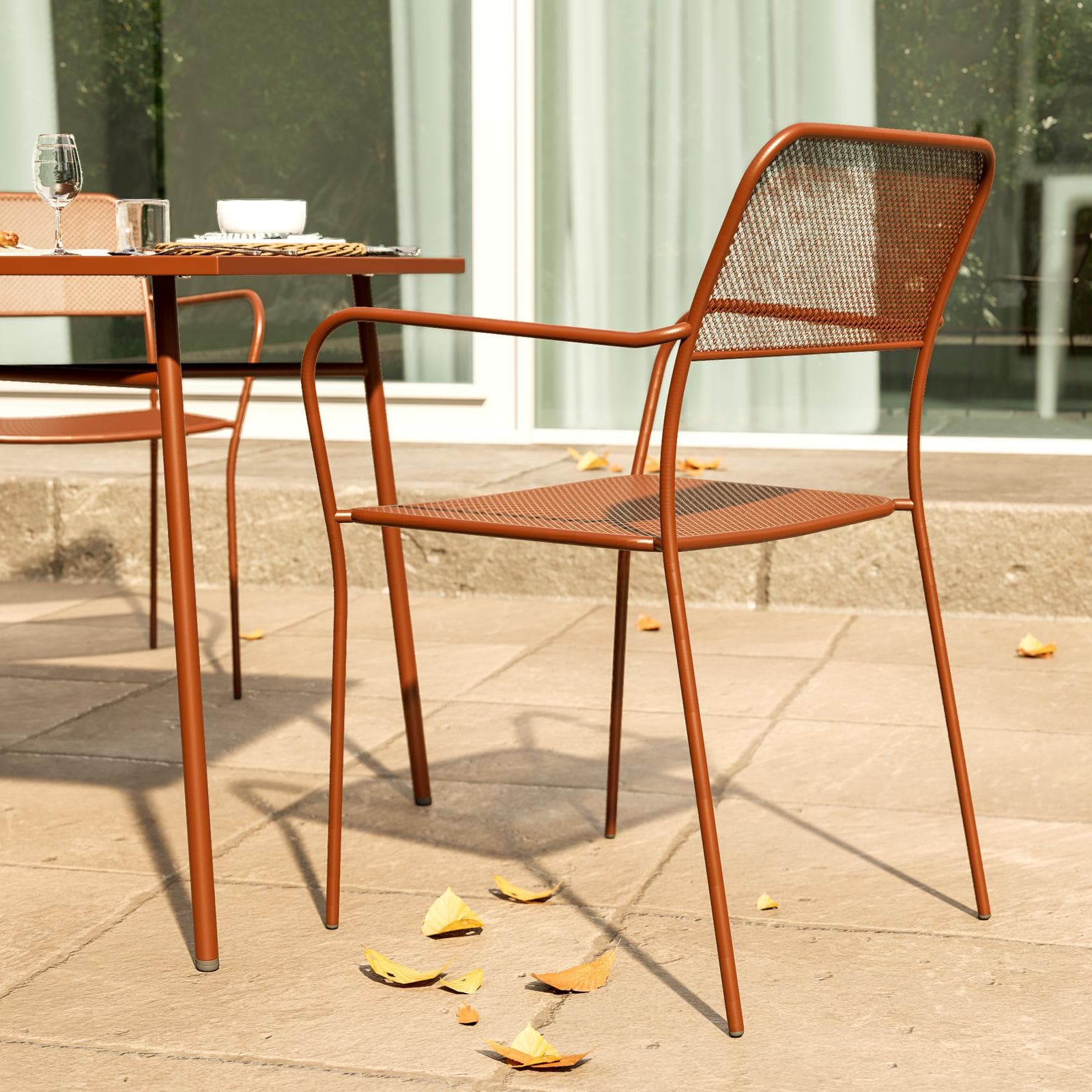 Set pranzo con tavolo 150x80 cm e 4 sedie con braccioli in acciaio terracotta - Faber