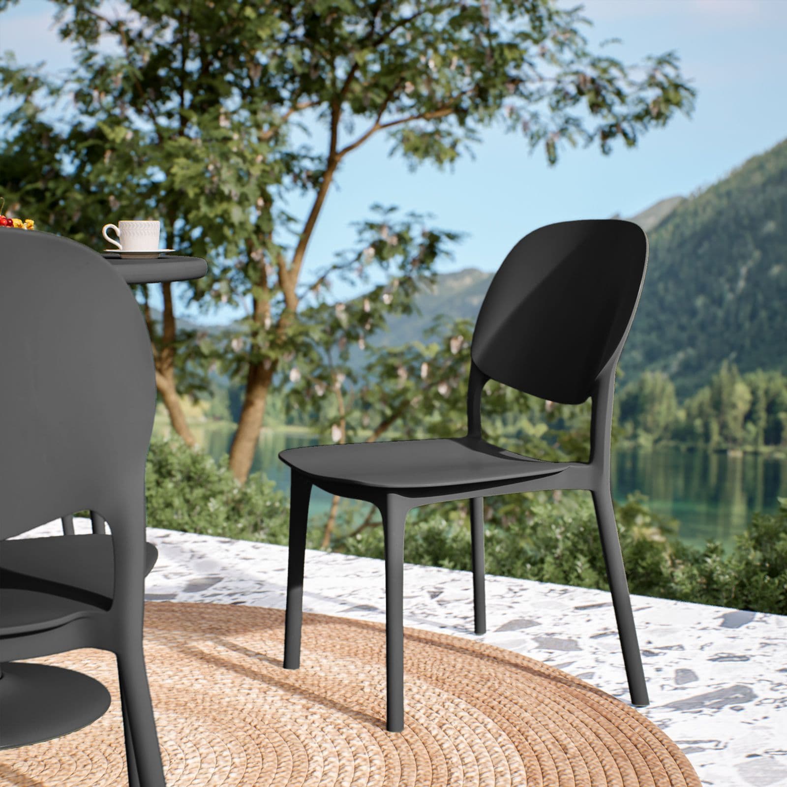 Set pranzo con tavolo rotondo 80 cm e 4 sedie impilabili in polipropilene nero - Tulipano