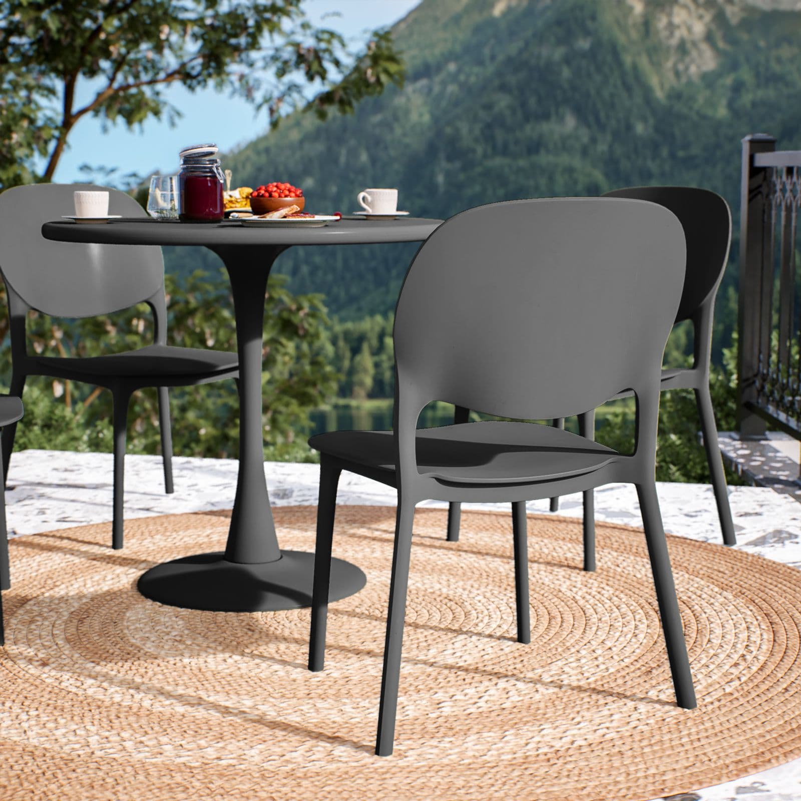 Set pranzo con tavolo rotondo 80 cm e 4 sedie impilabili in polipropilene nero - Tulipano