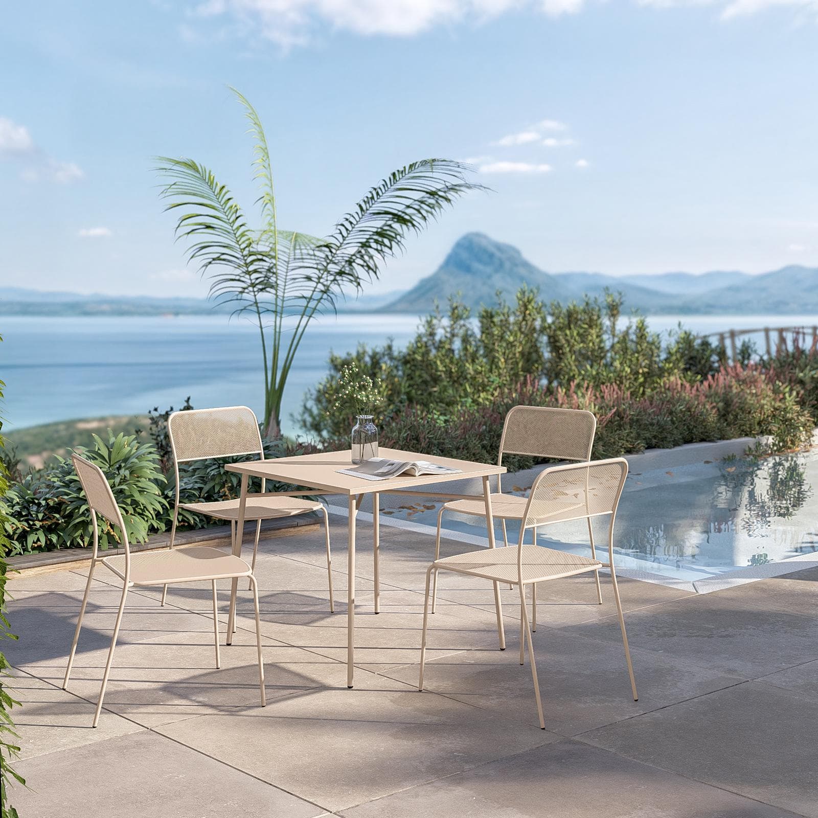 Set pranzo con tavolo 80x80 cm e 4 sedie in acciaio vaniglia - Faber