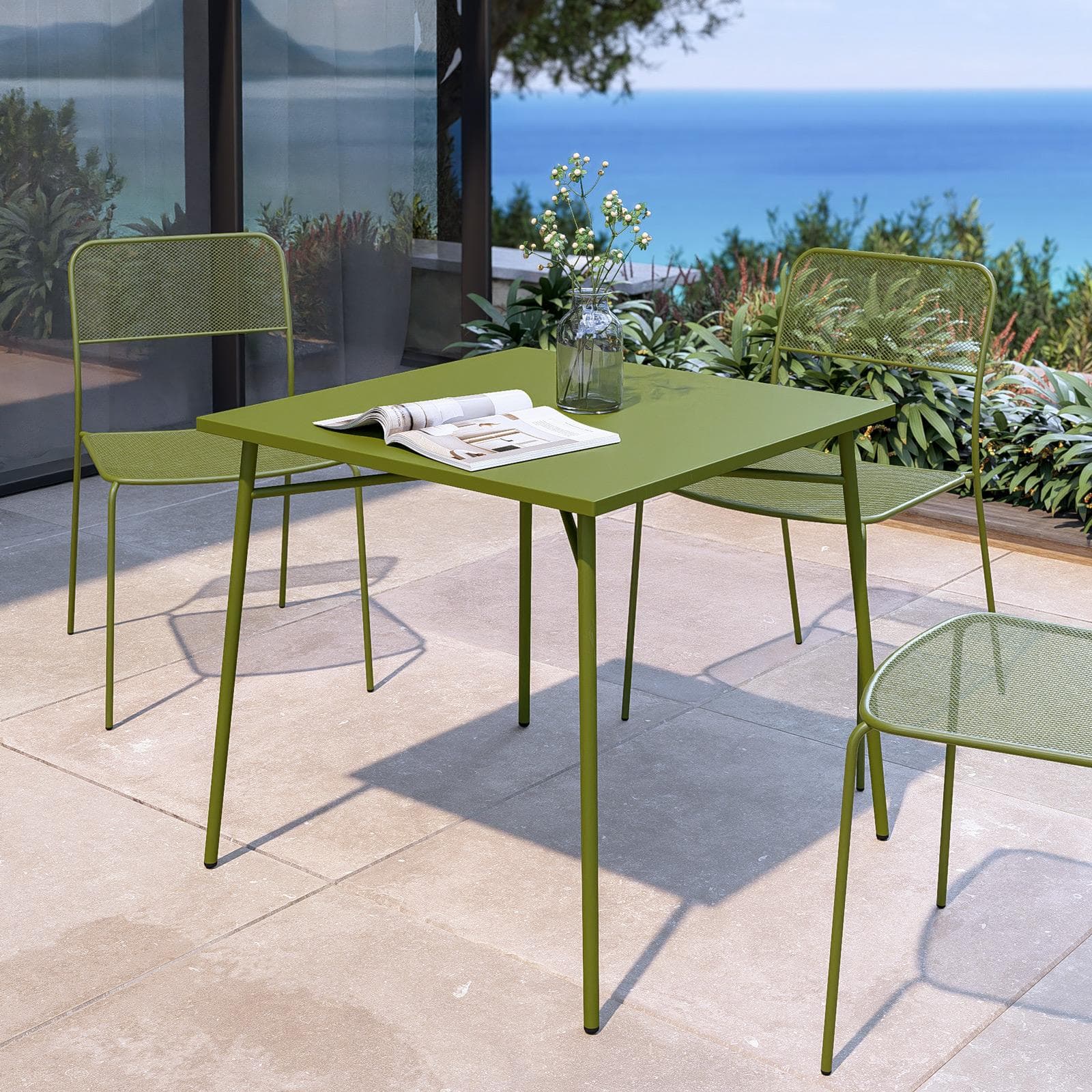 Set pranzo tavolo 80x80 cm e 4 sedie in acciaio verde oliva - Faber