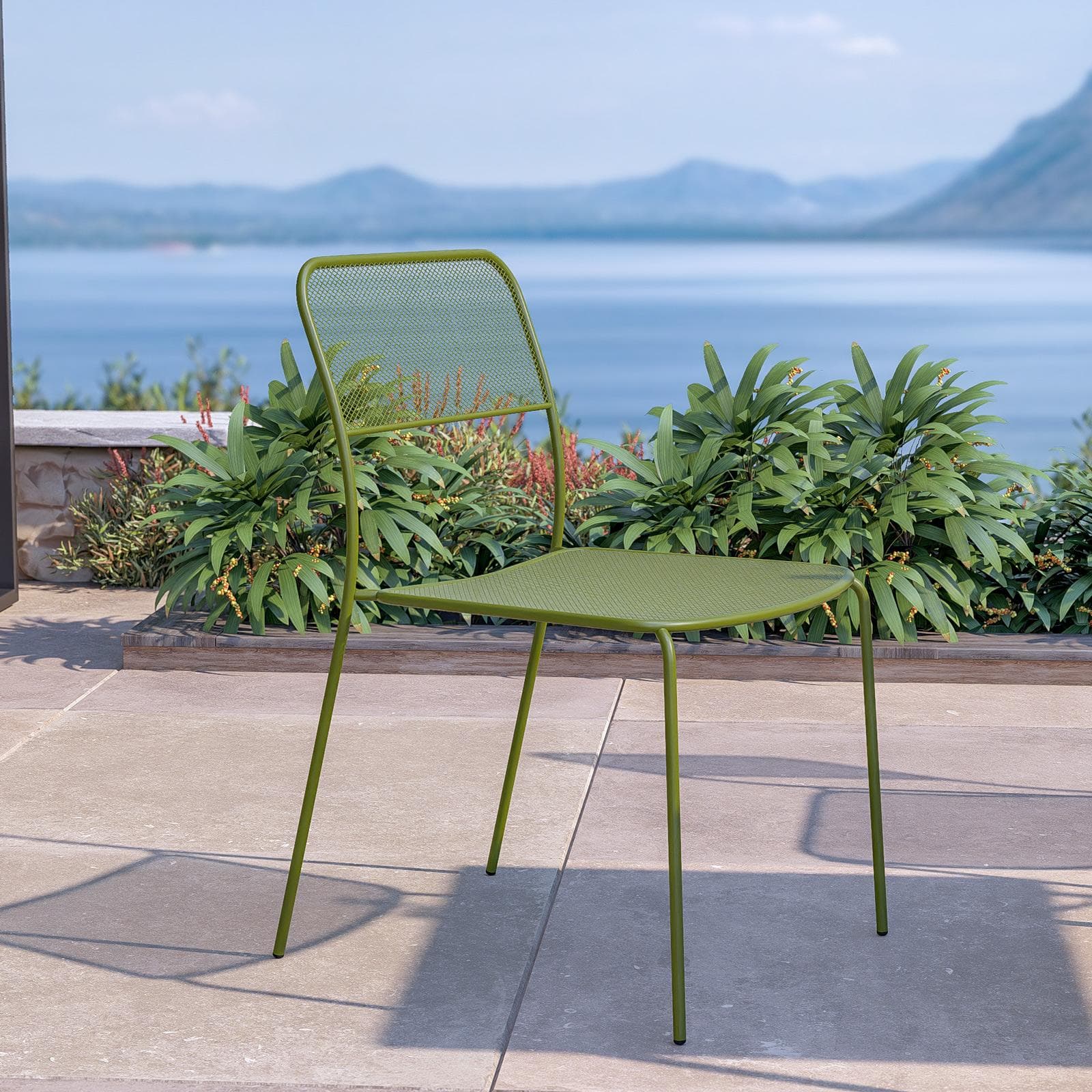Set pranzo tavolo 80x80 cm e 4 sedie in acciaio verde oliva - Faber