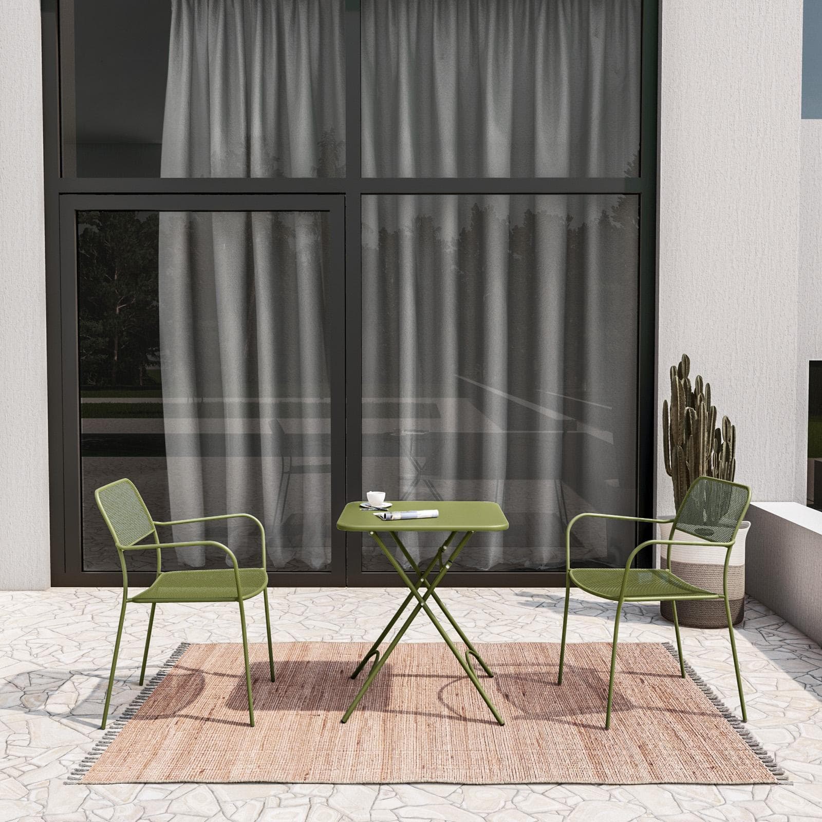 Set bistrot tavolo pieghevole 60x60 cm e 2 sedie con braccioli in acciaio verde oliva - Faber