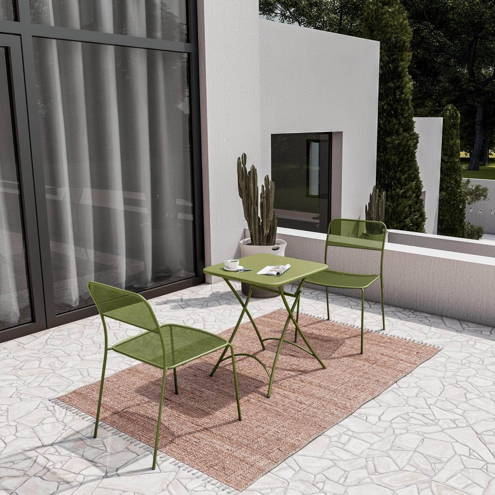 Set bistrot tavolo pieghevole 60x60 cm e 2 sedie in acciaio verde oliva - Faber