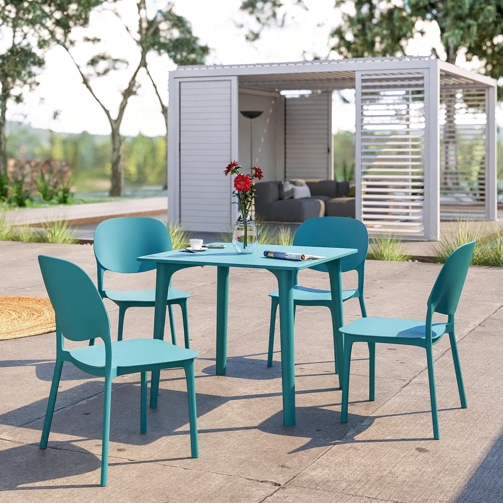 Set pranzo da giardino con tavolo 80x80 cm e 4 sedie in polipropilene blu maldive - Qalis