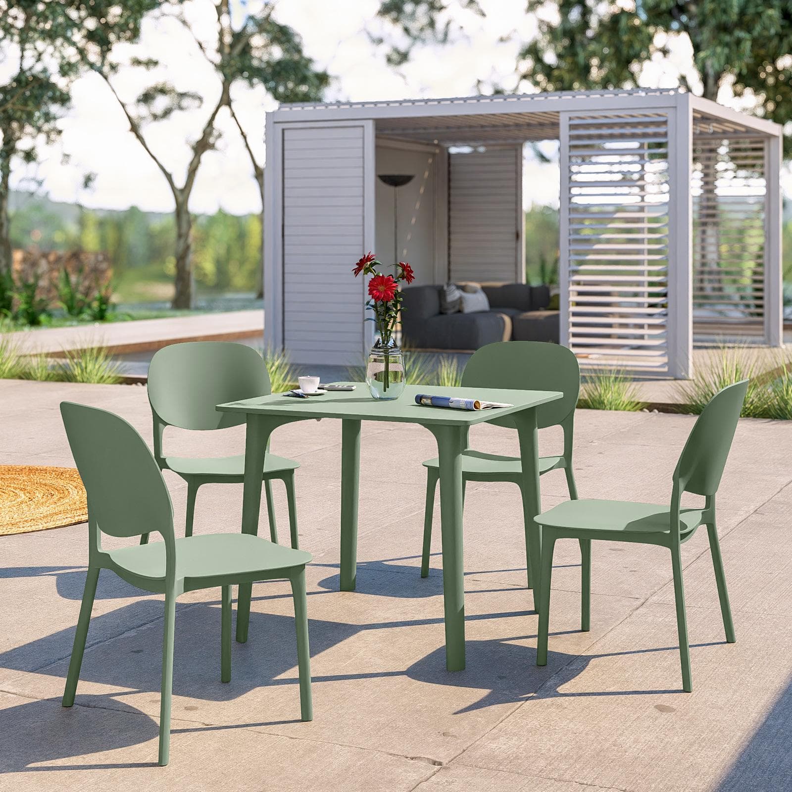 Set pranzo da giardino con tavolo 80x80 cm e 4 sedie in polipropilene verde salvia - Qalis