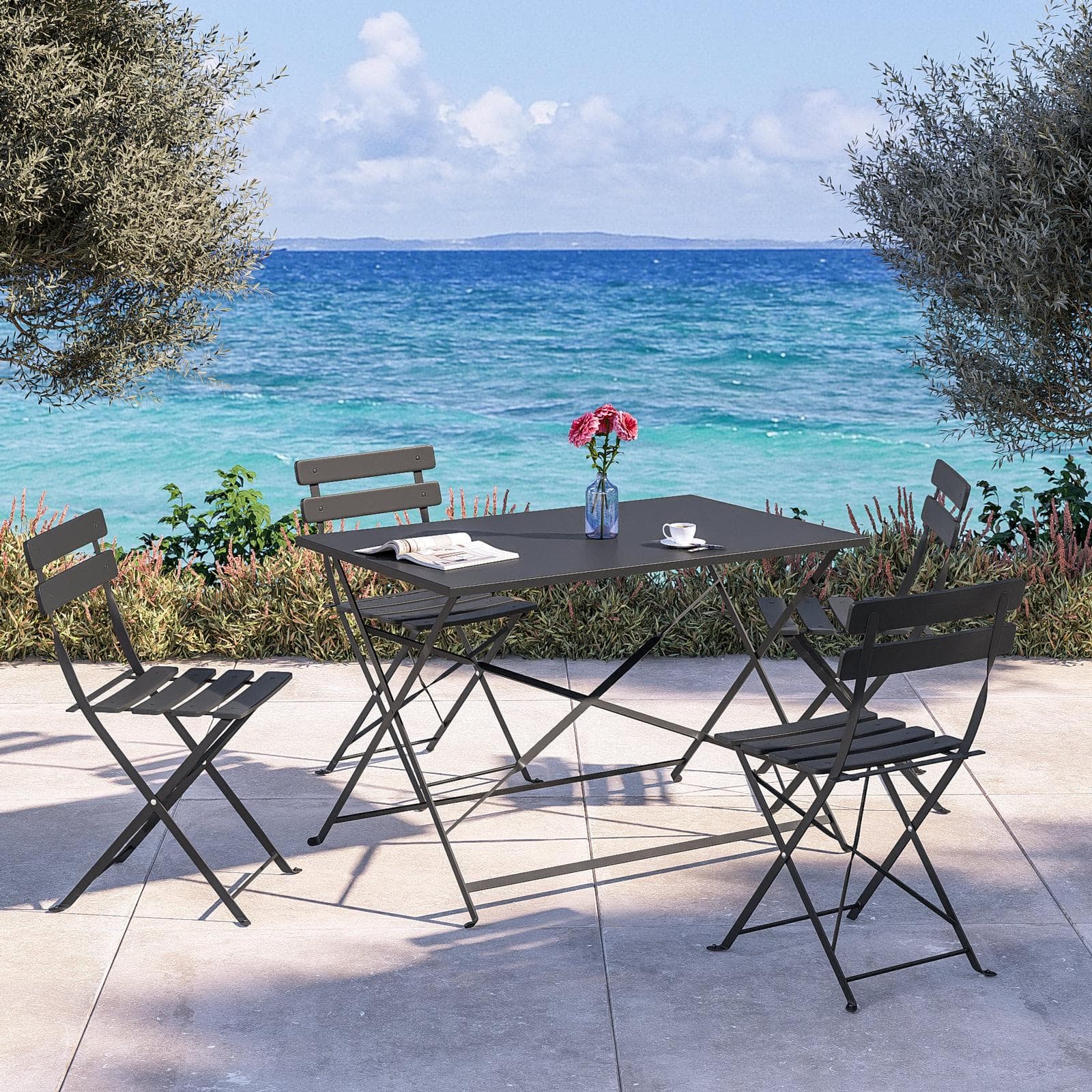 Set pranzo pieghevole con tavolo 110x70 cm e 4 sedie in metallo grafite - Atelier