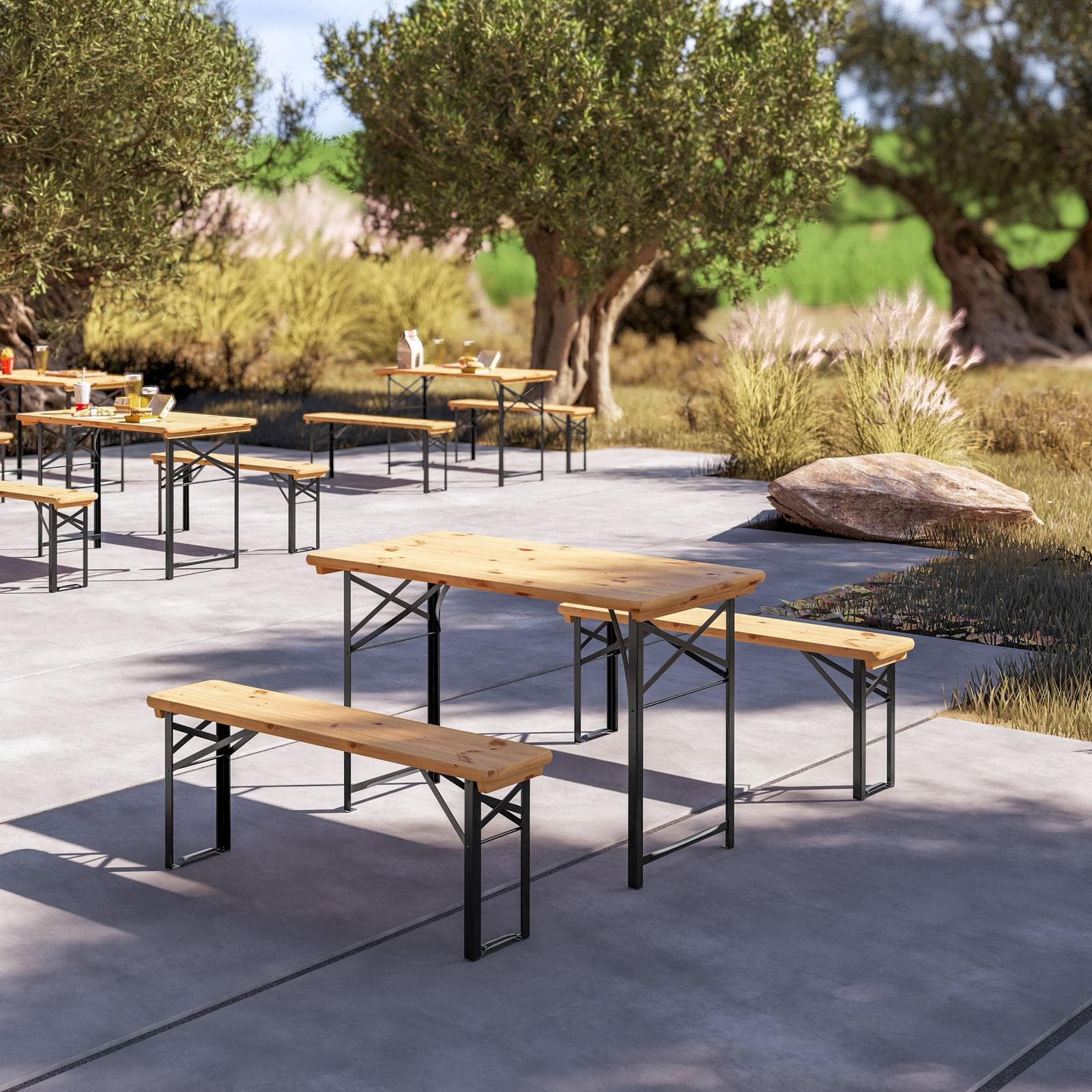 Set pranzo stile birreria con tavolo 120x60 cm e due panche in acciaio nero e legno - Noize