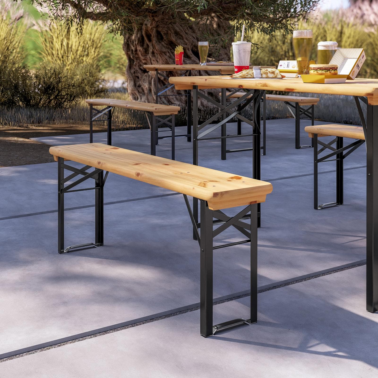 Set pranzo stile birreria con tavolo 120x60 cm e due panche in acciaio nero e legno - Noize