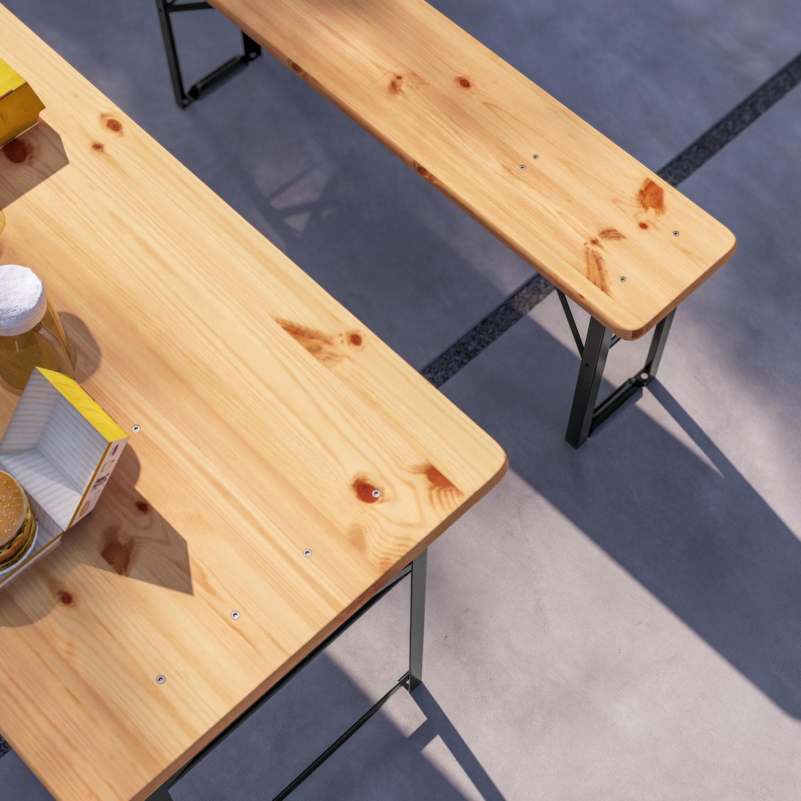 Set pranzo stile birreria con tavolo 120x60 cm e due panche in acciaio nero e legno - Noize