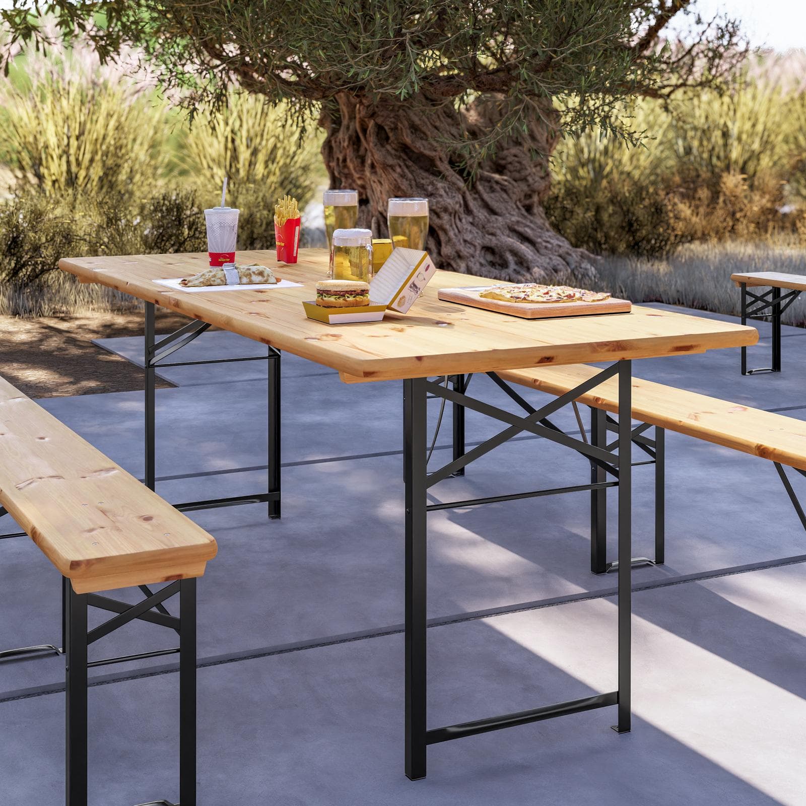 Set pranzo stile birreria tavolo 200x80 cm e 2 panche in acciaio nero e legno - Noize