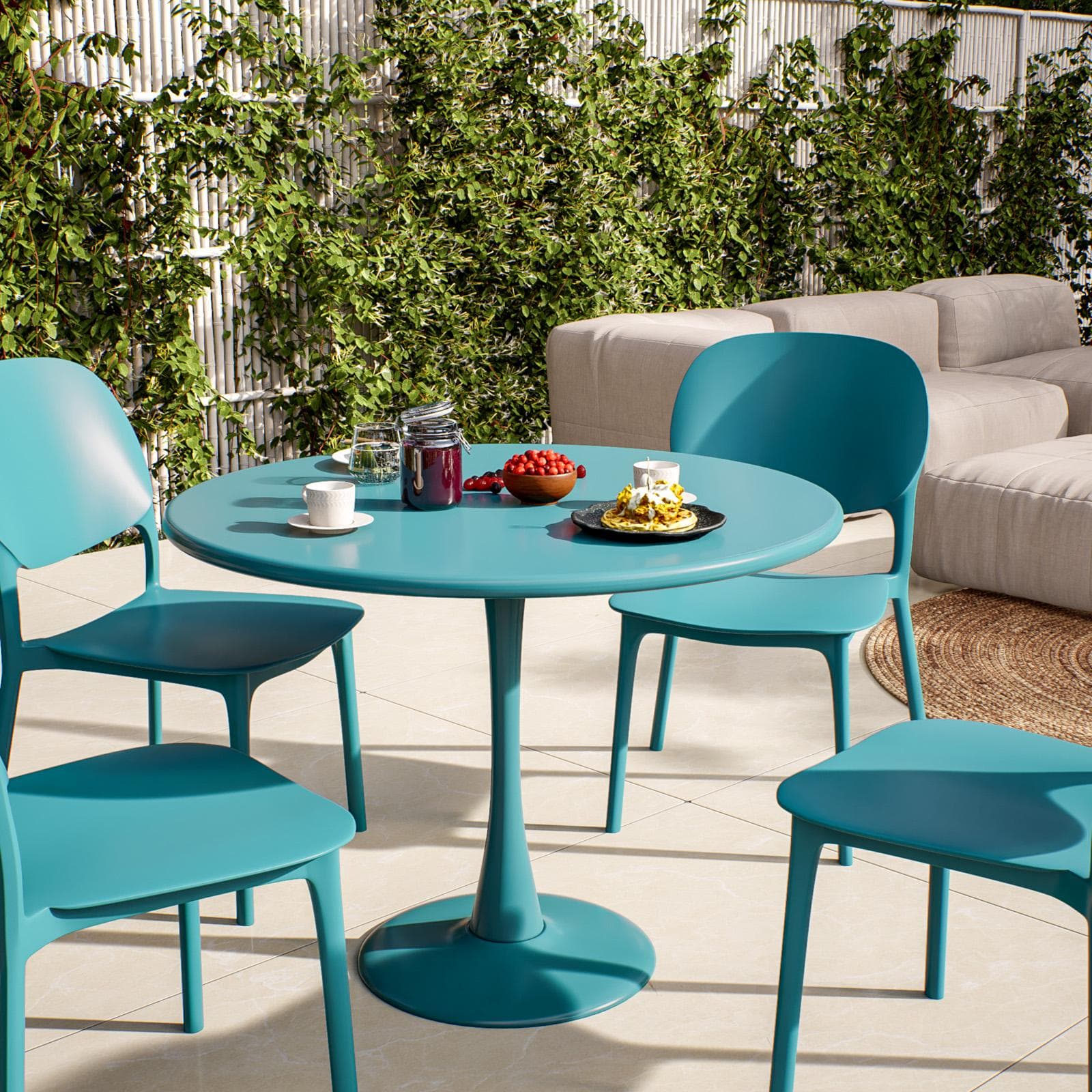 Set pranzo tavolo rotondo 100 cm e 4 sedie impilabili in polipropilene blu maldive - Tulipano
