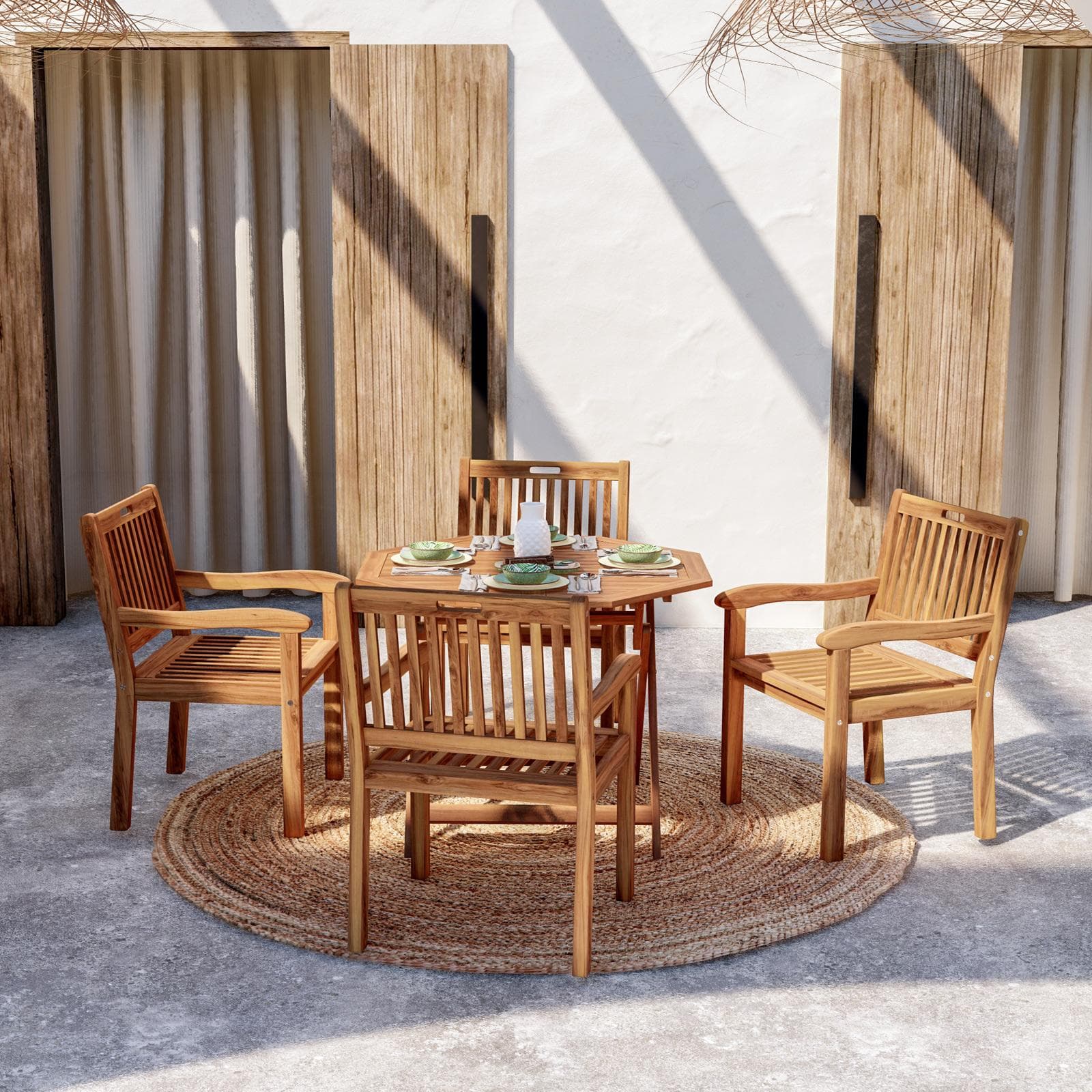 Set pranzo con tavolo rotondo 100 cm e 4 sedie con braccioli in legno di acacia - Paja