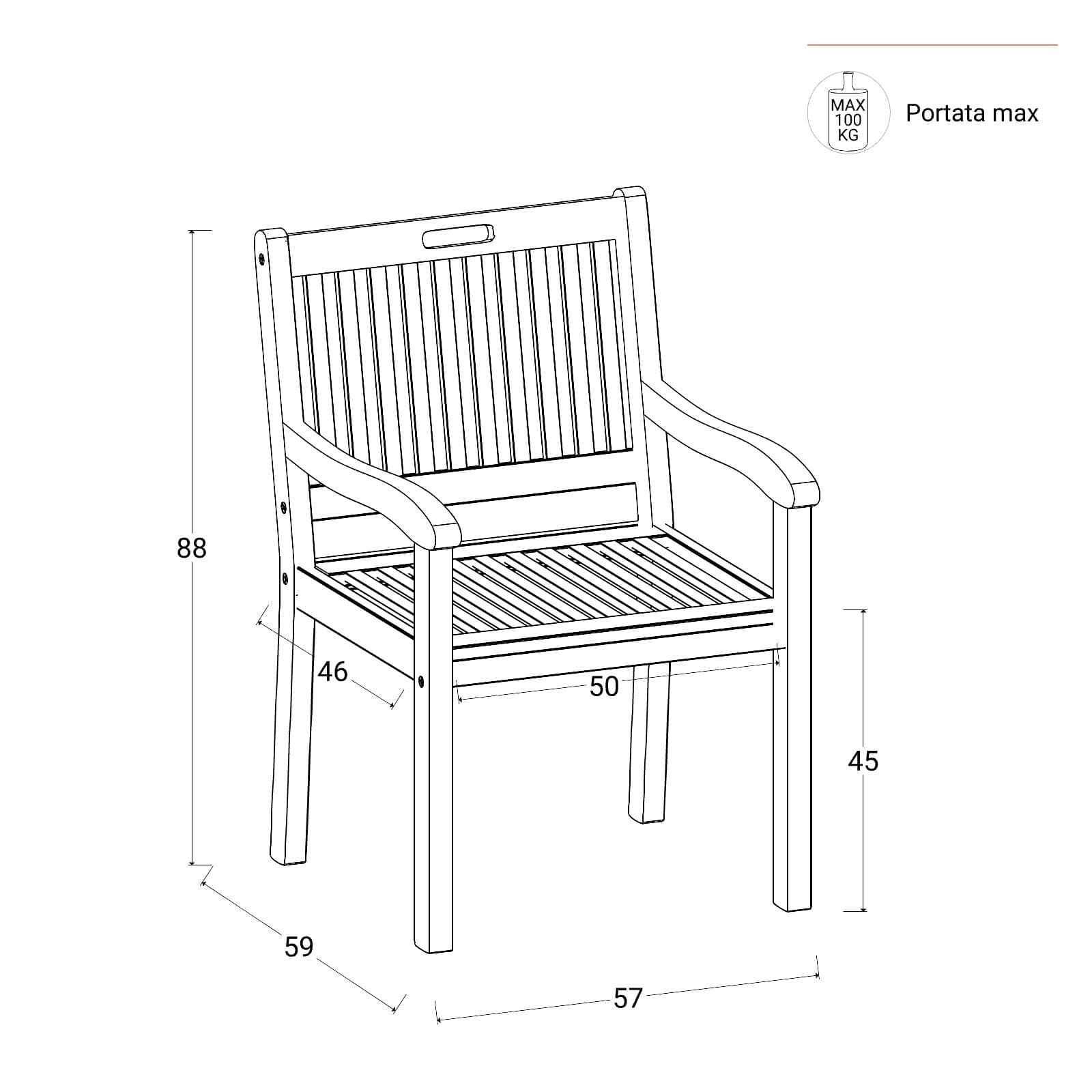 Set pranzo con tavolo rotondo 100 cm e 4 sedie con braccioli in legno di acacia - Paja