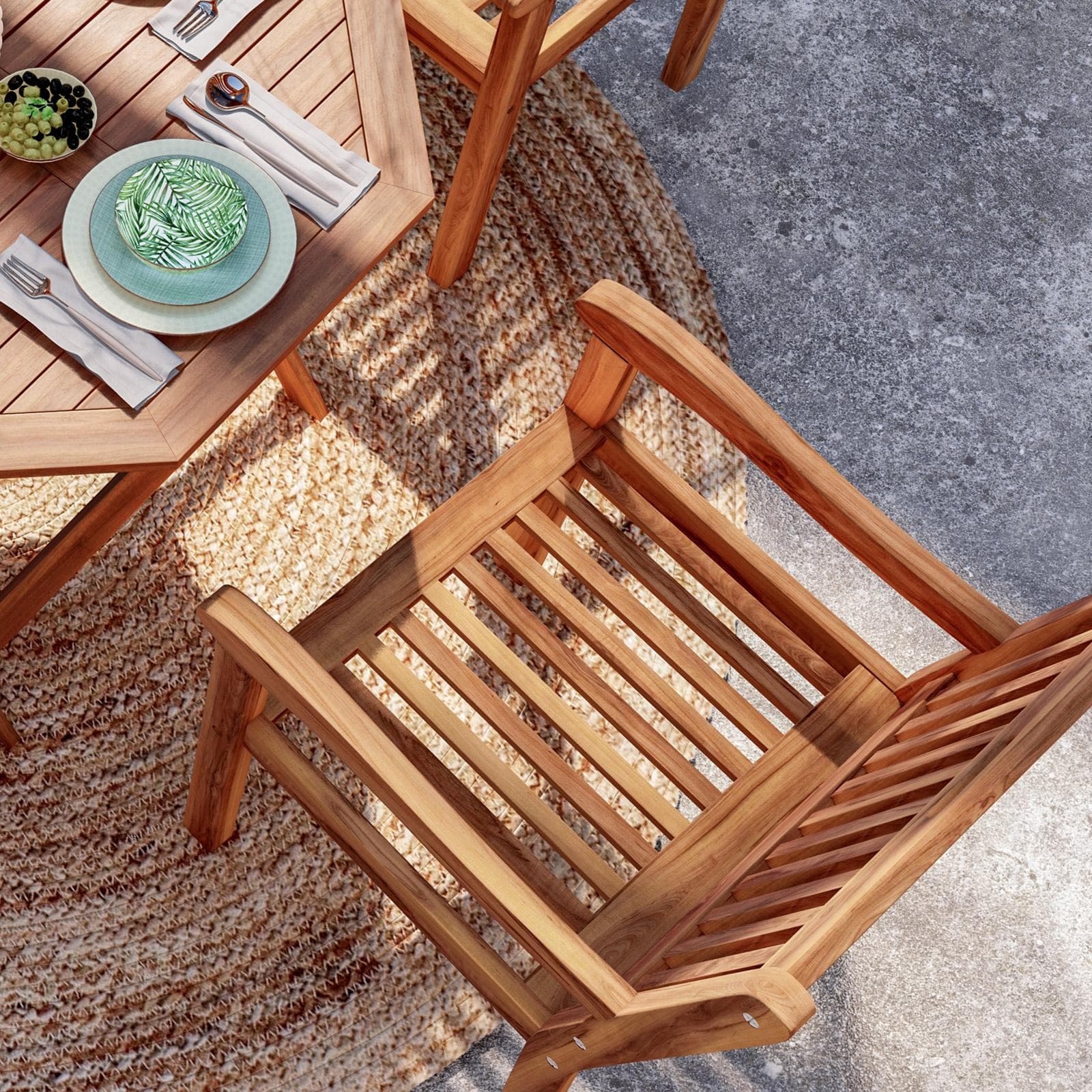 Set pranzo con tavolo rotondo 100 cm e 4 sedie con braccioli in legno di acacia - Paja
