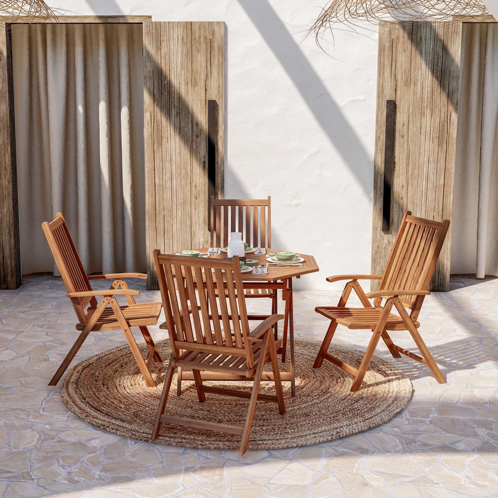 Set pranzo tavolo rotondo 100 cm e 4 sedie con braccioli regolabili in legno di acacia - Paja