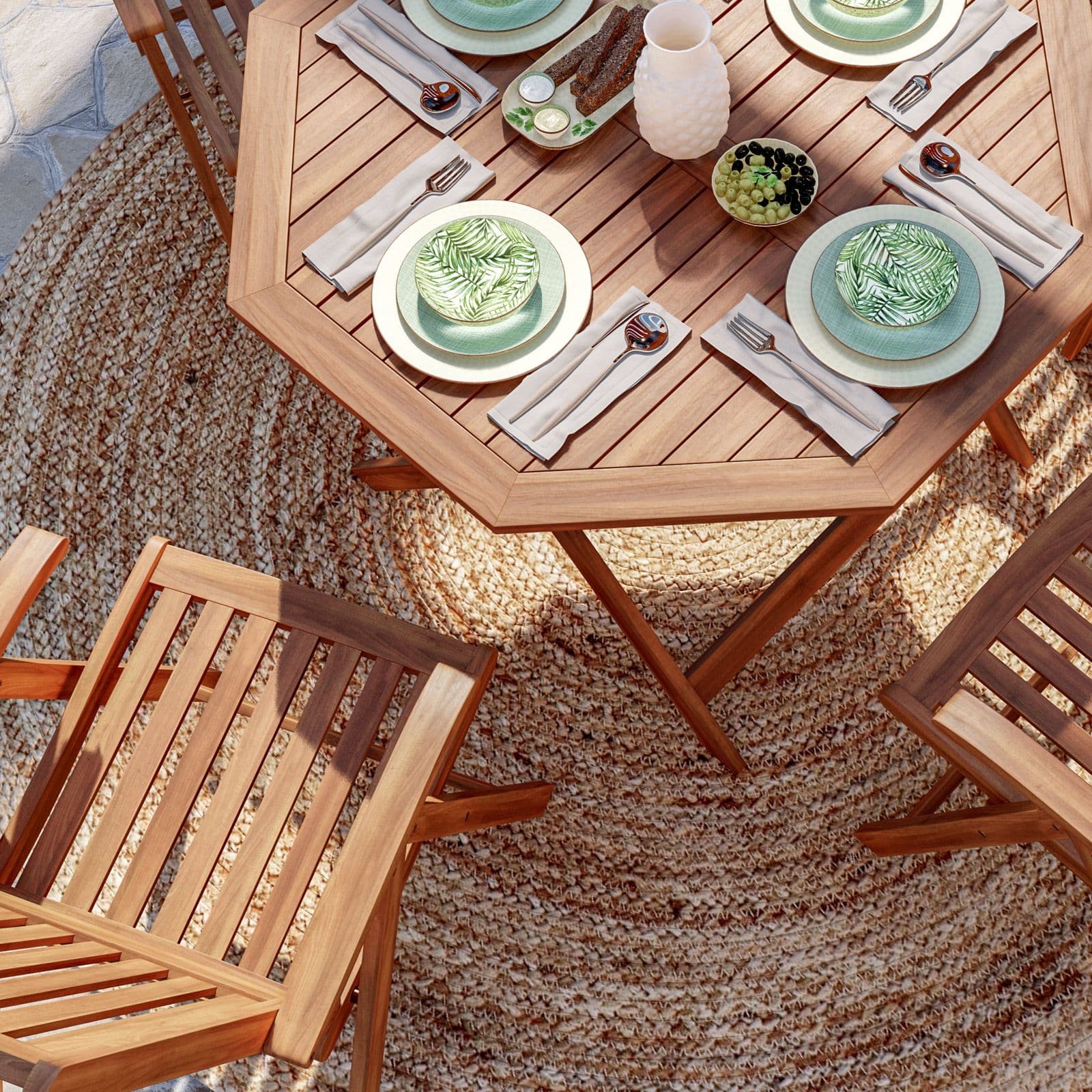 Set pranzo tavolo rotondo 100 cm e 4 sedie con braccioli regolabili in legno di acacia - Paja
