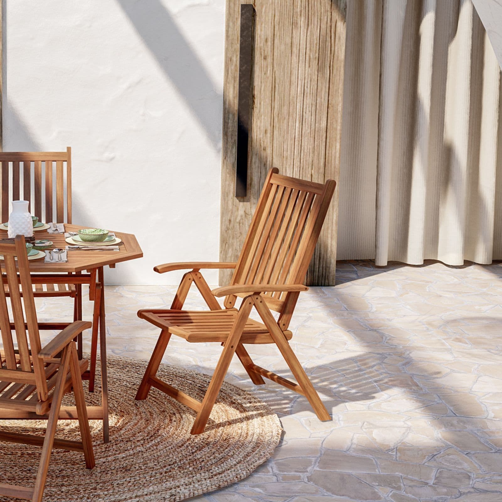 Set pranzo tavolo rotondo 100 cm e 4 sedie con braccioli regolabili in legno di acacia - Paja