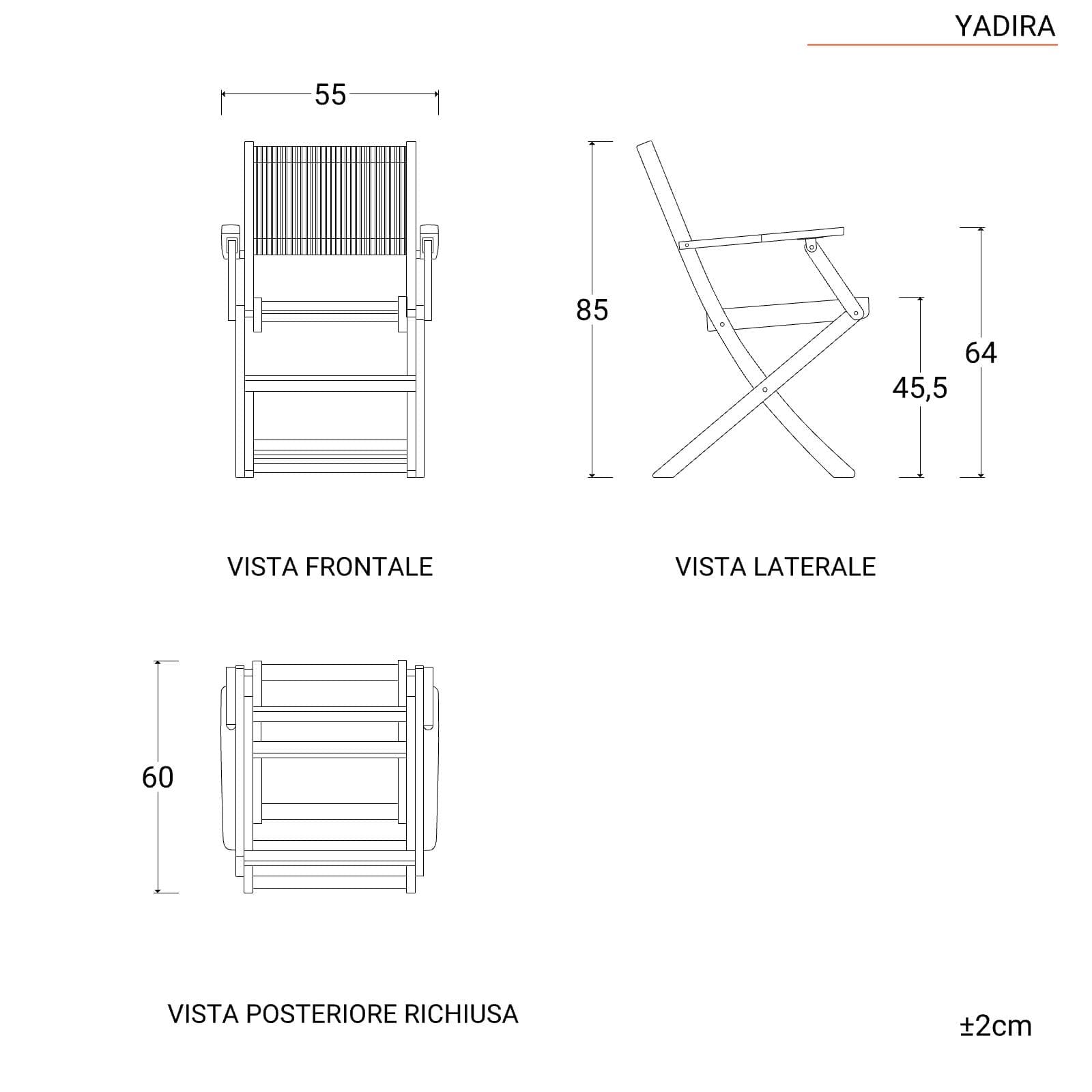 Set pranzo tavolo 115x70 cm e 4 sedie pieghevoli con braccioli in legno di acacia e corda grigia - Yadira