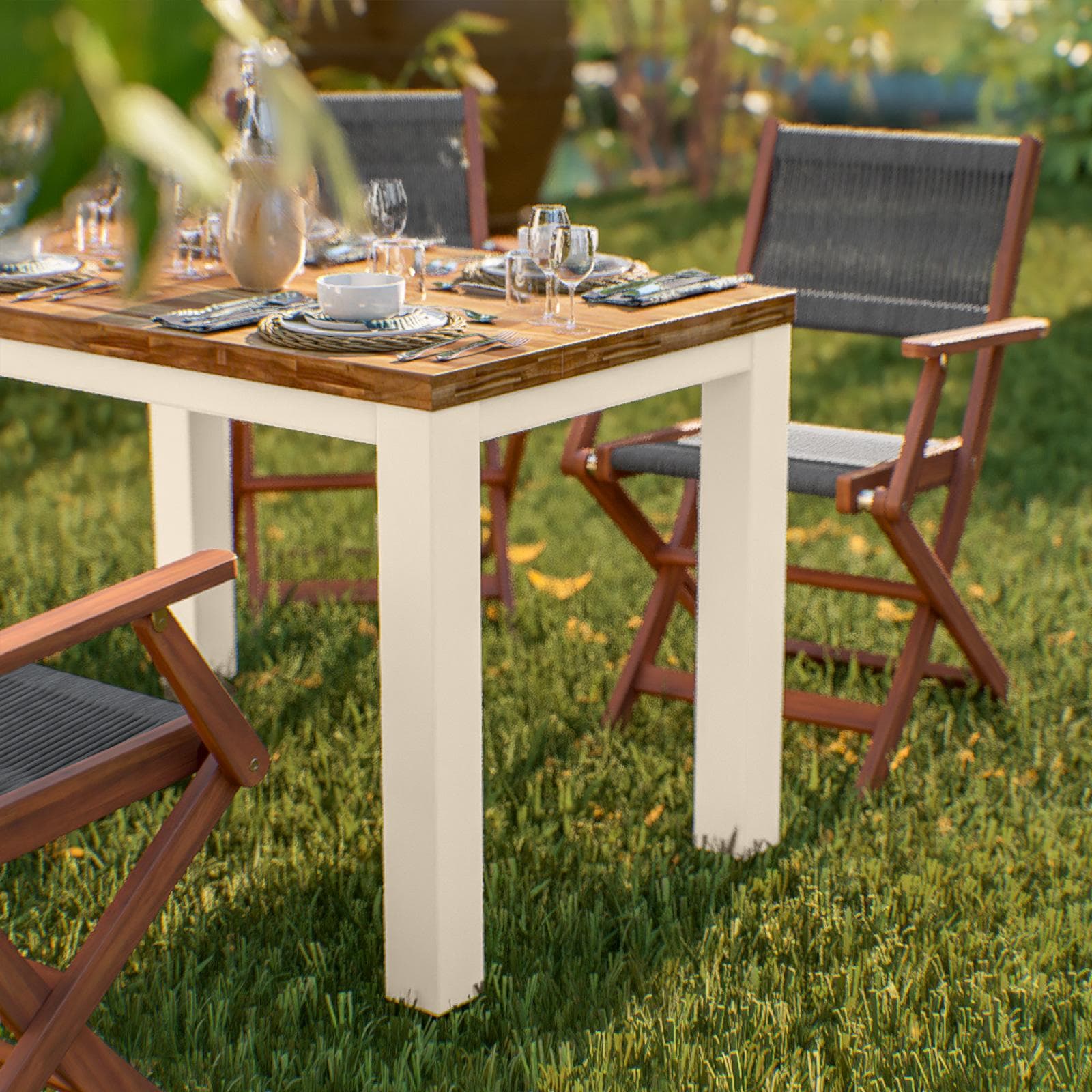 Set pranzo tavolo 115x70 cm e 4 sedie pieghevoli con braccioli in legno di acacia e corda grigia - Yadira