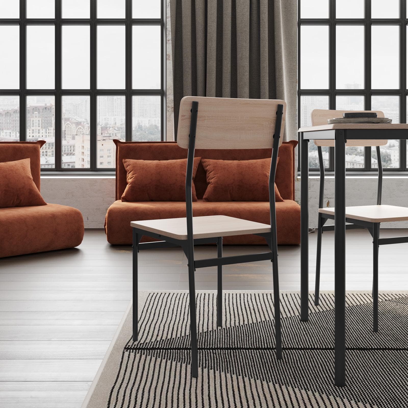 Set pranzo tavolo 110x70 con top effetto rovere chiaro e struttura in acciaio nero con 4 sedie - Sacha