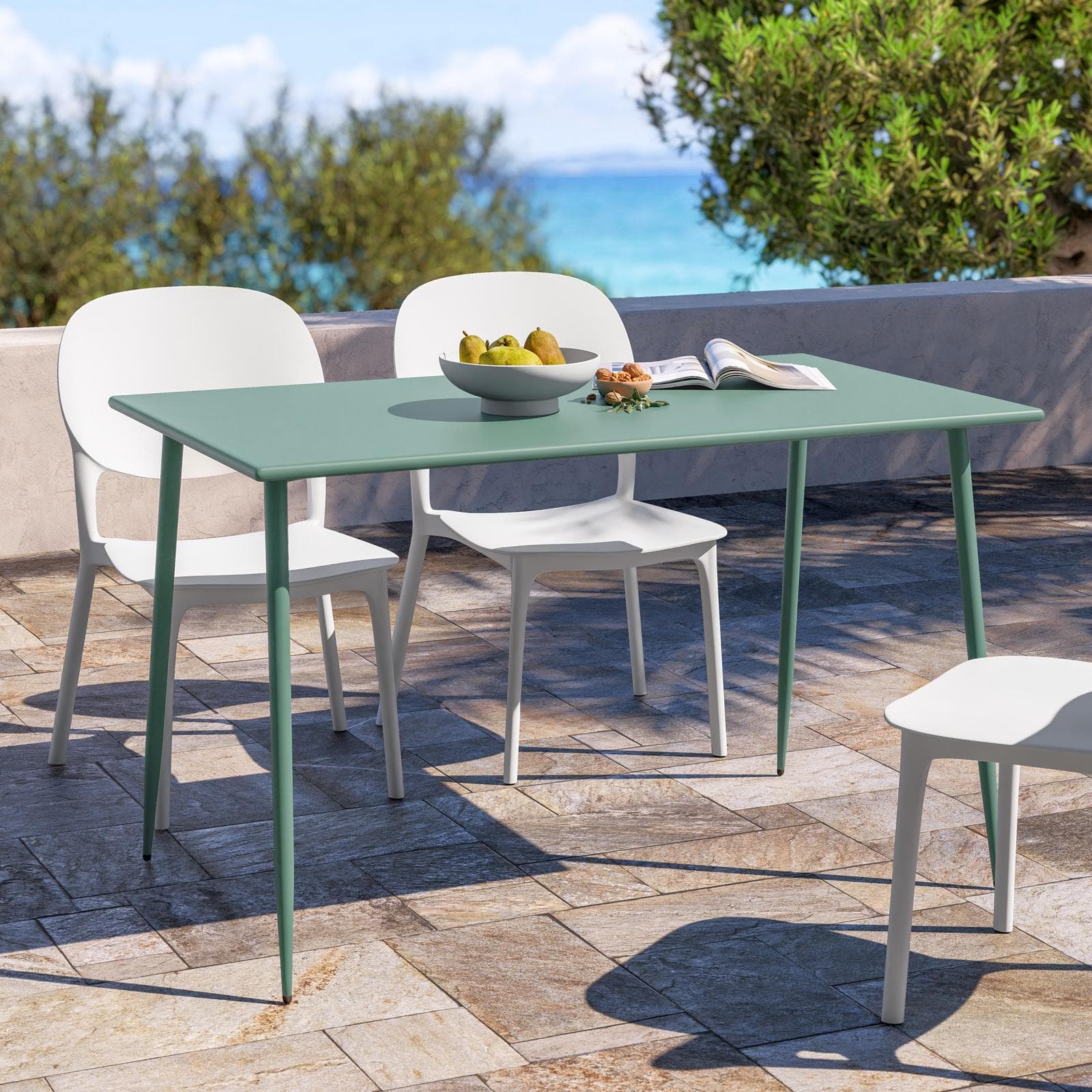Set pranzo tavolo 120x70 cm in acciaio verde marino e 4 sedie in polipropilene bianco - Paint