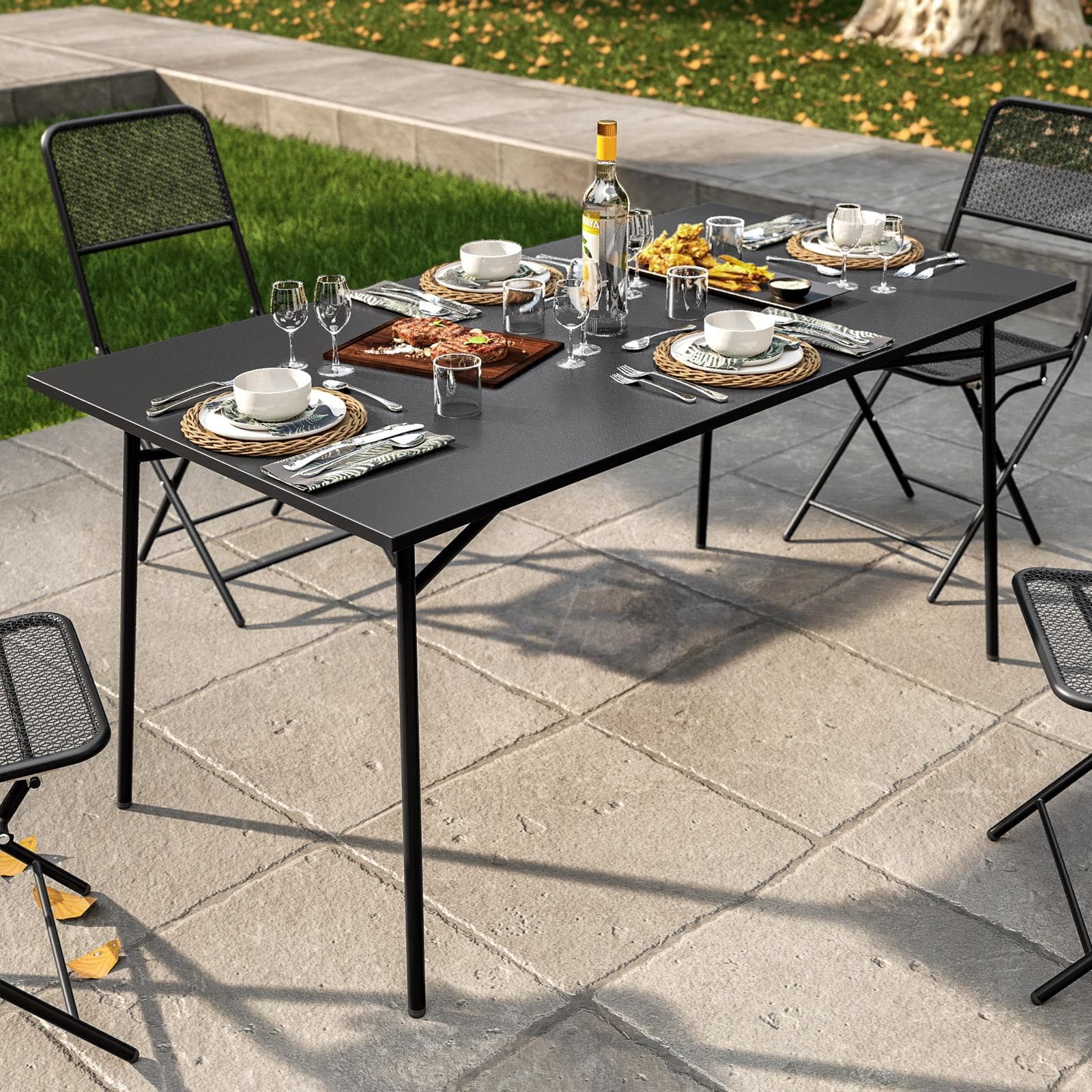 Set pranzo con tavolo 150x80 cm e 4 sedie pieghevoli in acciaio nero - Faber