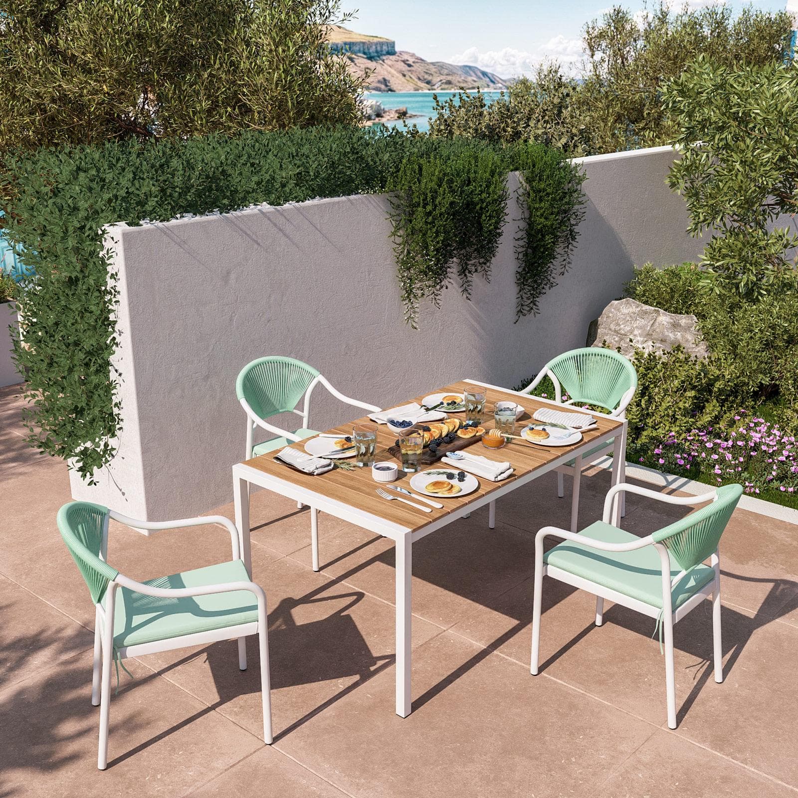 Set pranzo tavolo 150x90 cm top effetto legno e 4 sedie con braccioli in acciaio bianco e corda verde tiffany - Chrysler