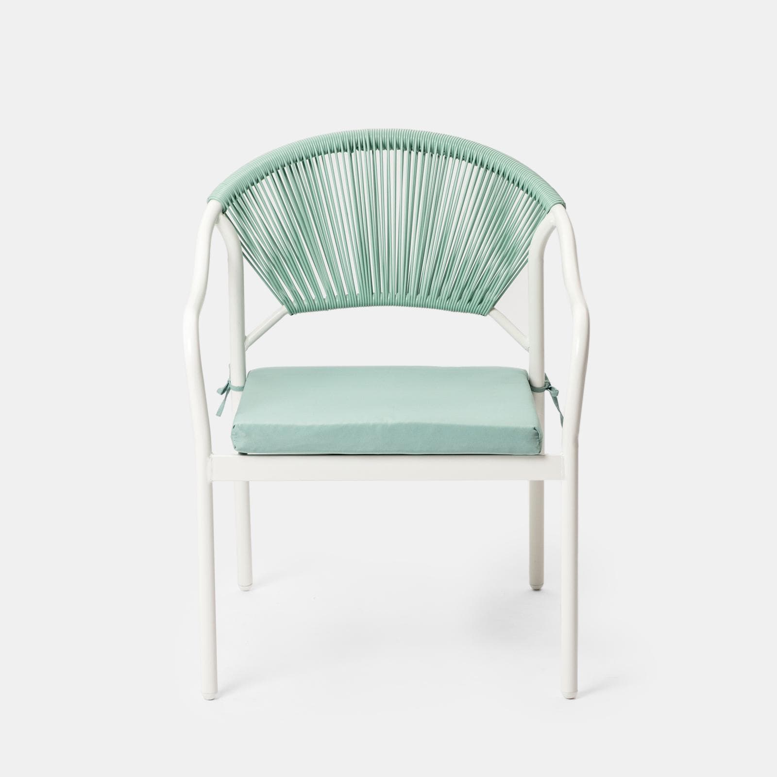 Set pranzo tavolo 150x90 cm top effetto legno e 4 sedie con braccioli in acciaio bianco e corda verde tiffany - Chrysler