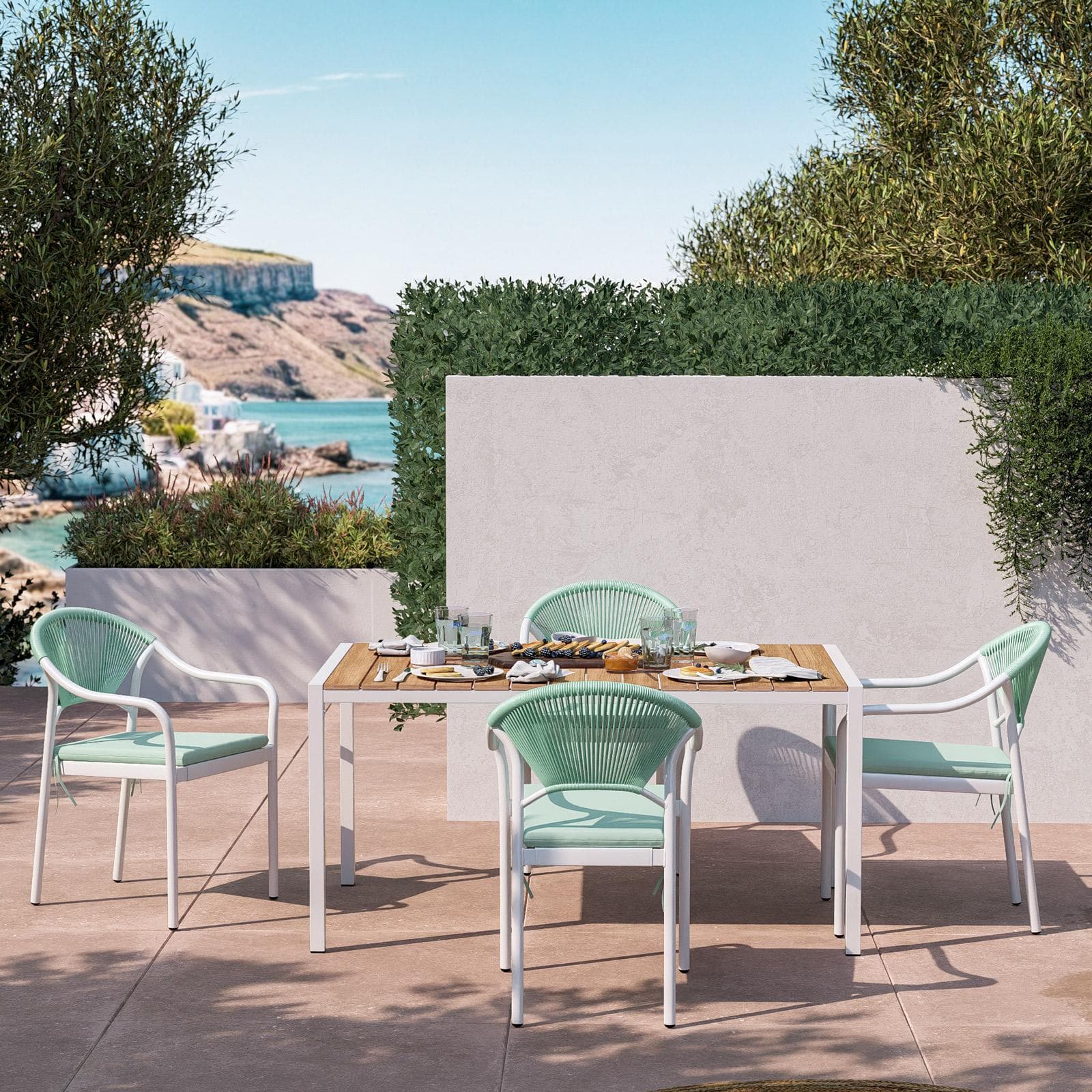 Set pranzo tavolo 150x90 cm top effetto legno e 4 sedie con braccioli in acciaio bianco e corda verde tiffany - Chrysler