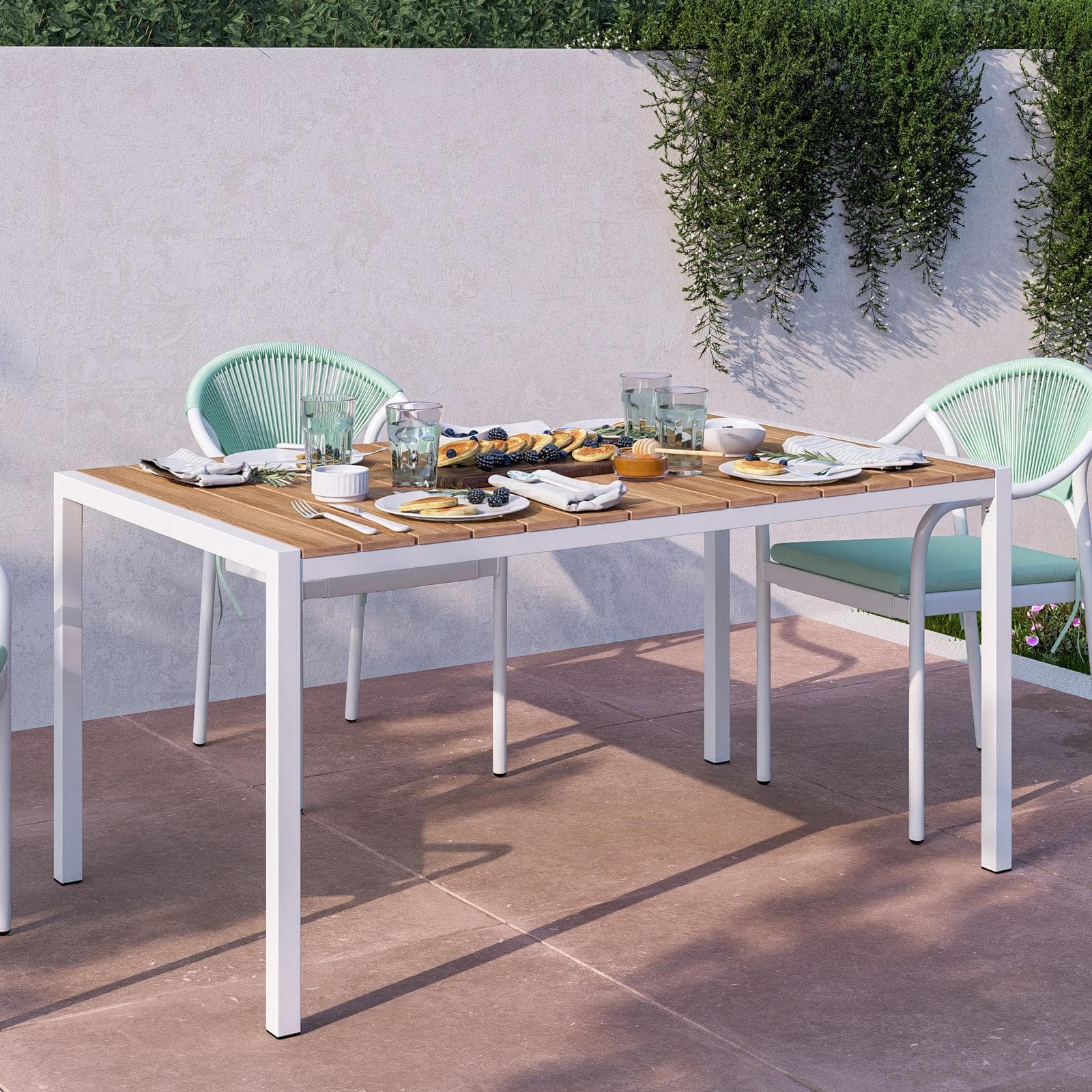 Set pranzo tavolo 150x90 cm top effetto legno e 4 sedie con braccioli in acciaio bianco e corda verde tiffany - Chrysler