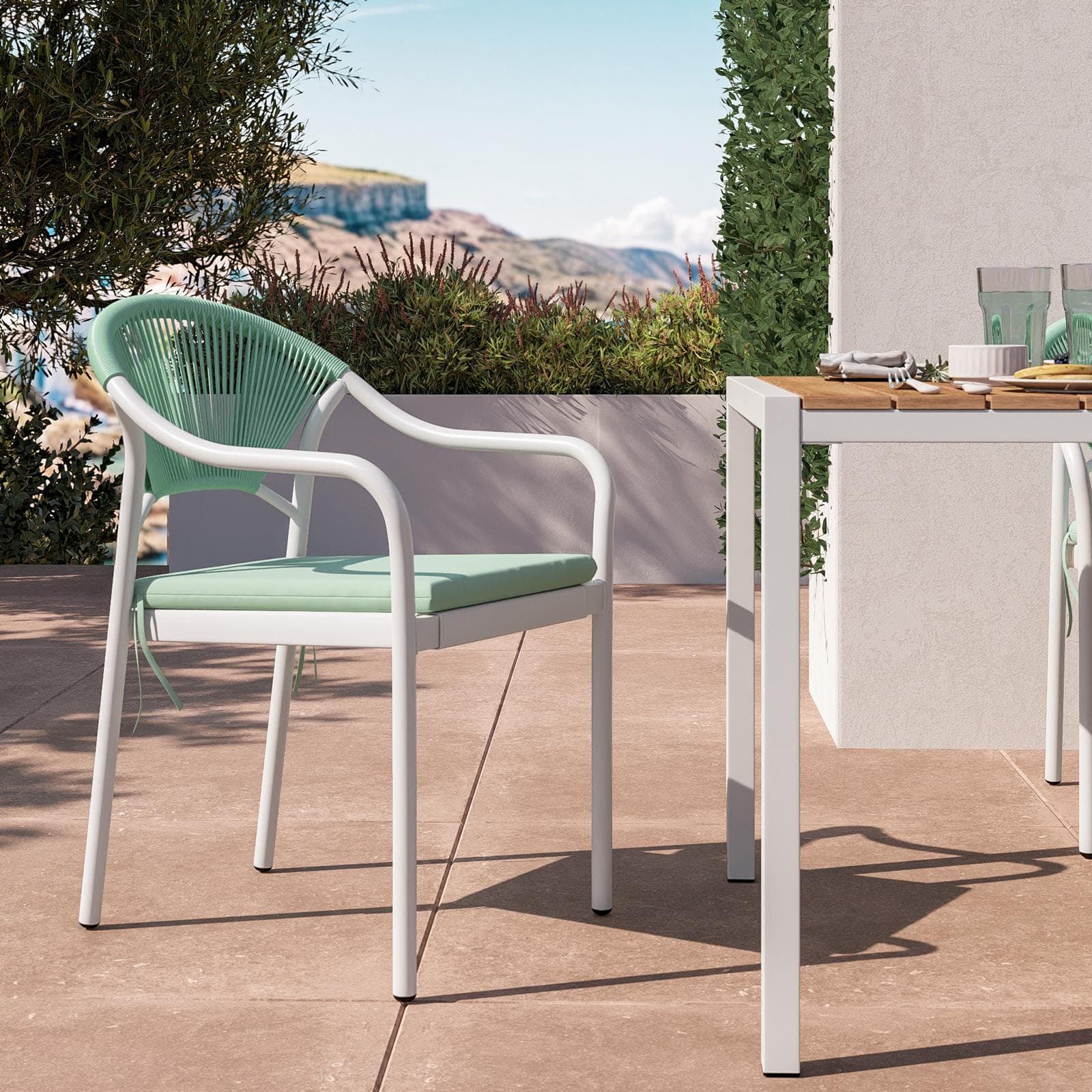 Set pranzo tavolo 150x90 cm top effetto legno e 4 sedie con braccioli in acciaio bianco e corda verde tiffany - Chrysler
