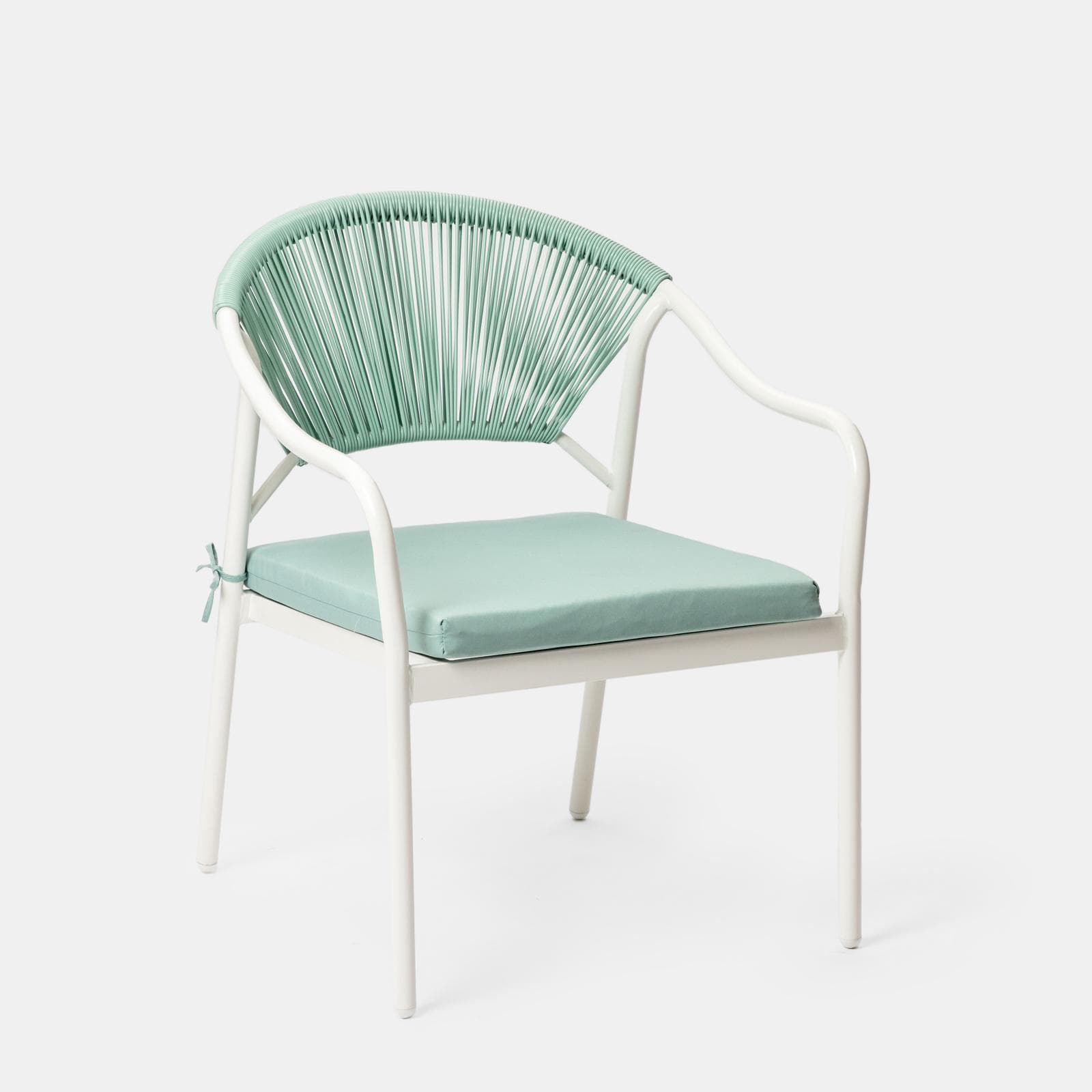 Set pranzo tavolo 150x90 cm top effetto legno e 4 sedie con braccioli in acciaio bianco e corda verde tiffany - Chrysler